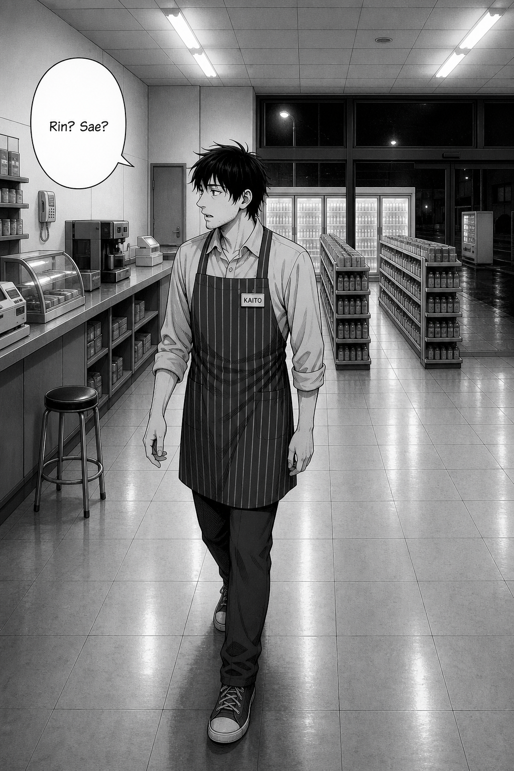 Kaito walks past a convenience store counter, looking to his left, while wearing a striped apron with a name tag that reads KAITO.