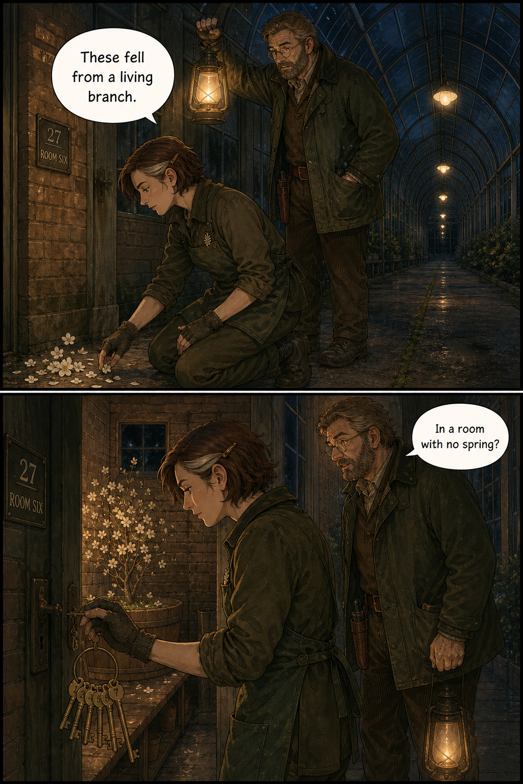 Two panels set in a dark, arched greenhouse hallway at night. In the top panel, a woman kneels to pick up white blossoms from the floor while a man holds a lantern. In the bottom panel, the woman uses a large ring of keys to unlock a door labeled '27 ROOM SIX' while the man watches.