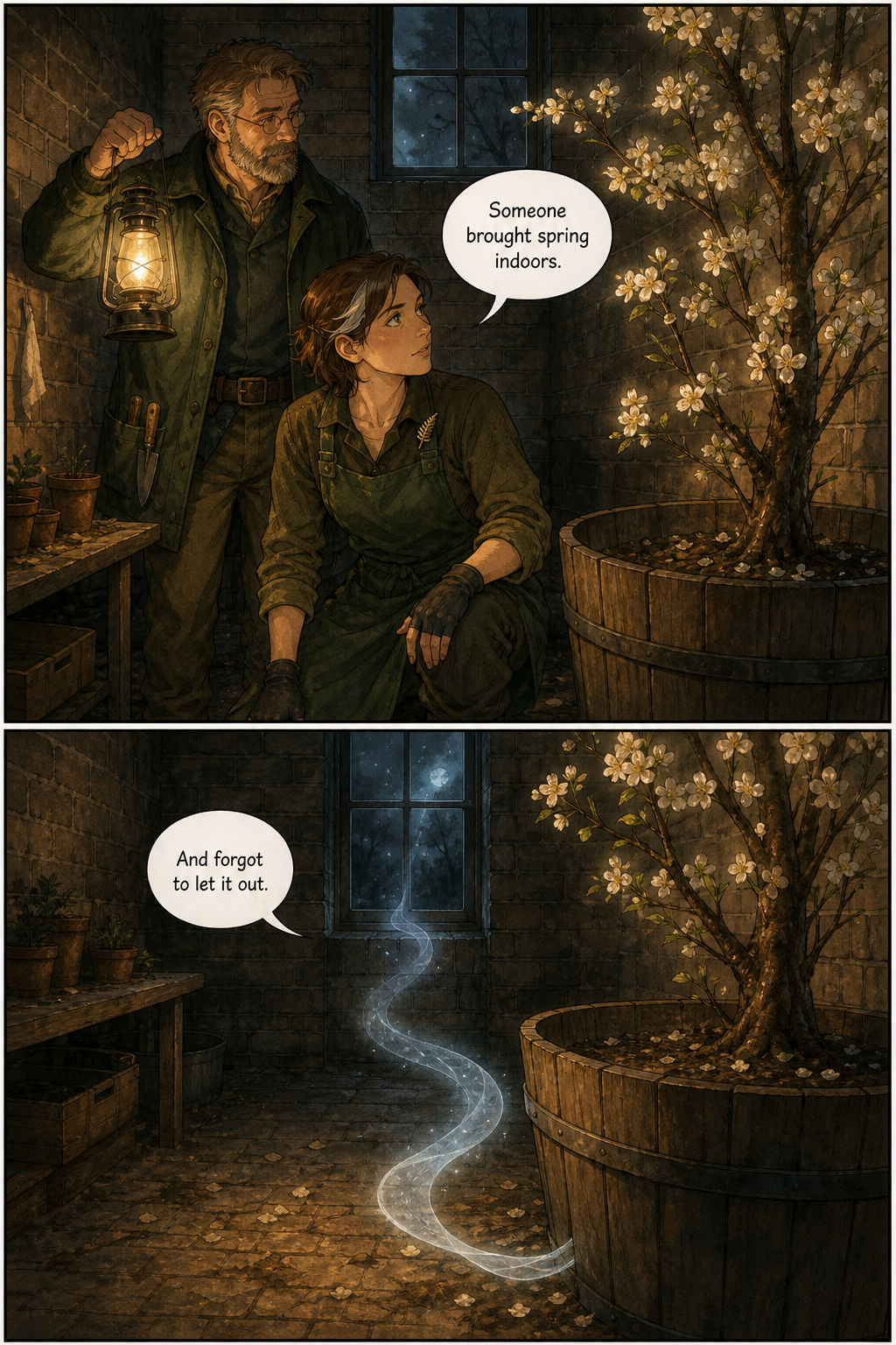 Two panels set in a dark stone cellar at night. In the top panel, a man holds a lantern while a woman kneels beside a wooden barrel containing a small tree covered in white flowering apple blossoms. In the bottom panel, the people are gone, and a luminous, translucent ribbon of light trails from the barrel toward a small window showing a night sky.