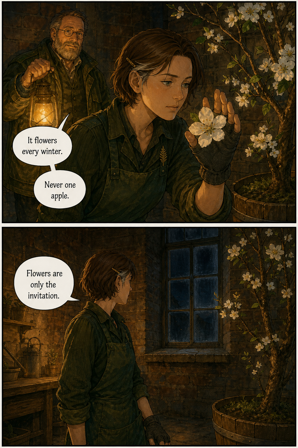 A two-panel comic page set in a dark, brick-walled interior. In the top panel, a man holds a lantern while a woman examines white blossoms on a small tree in a wooden barrel. In the bottom panel, the woman stands alone looking toward a dark window next to the same flowering tree.