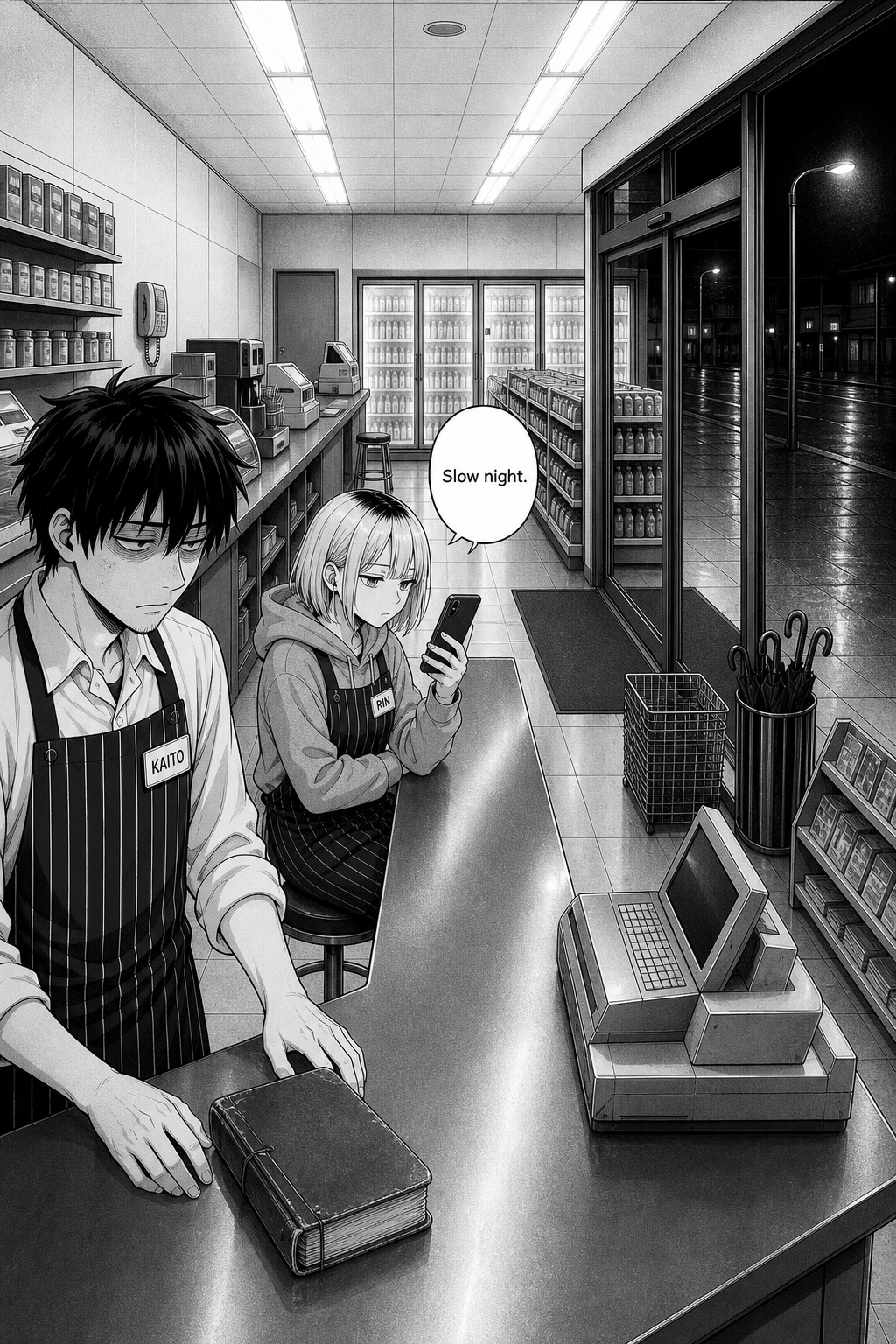 Wide night interior of the convenience store; Kaito stands behind the counter over a closed worn ledger while Rin sits on her stool looking at her phone.