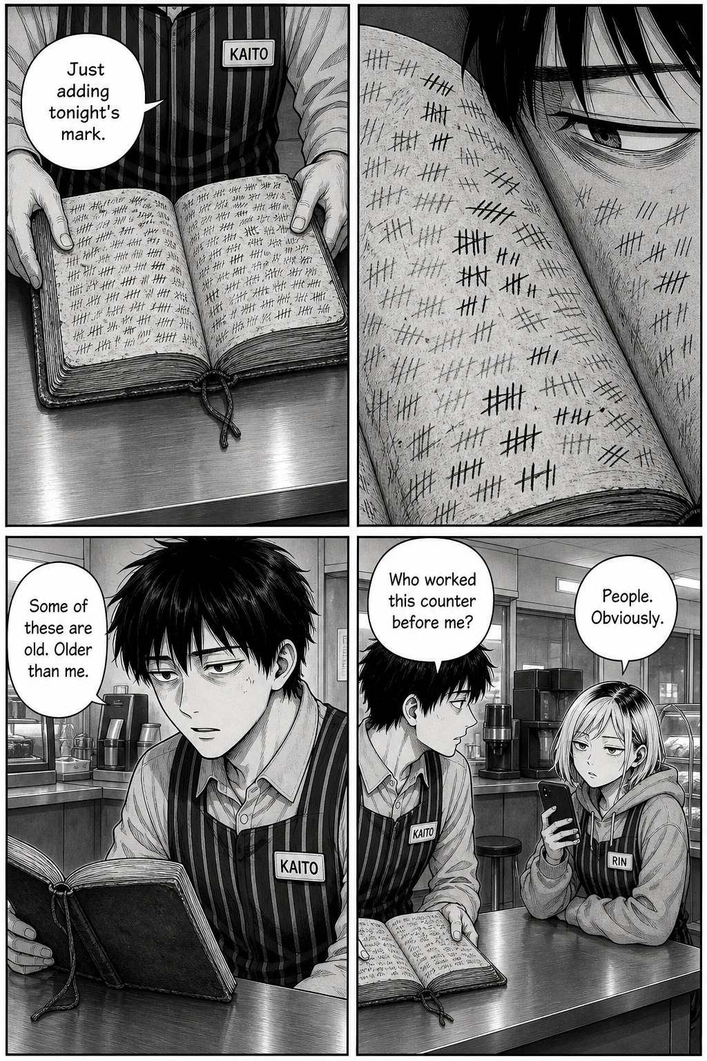 Four panels: Kaito opens the worn ledger, sees old faded marks among fresh ones, and asks Rin who worked the counter before him.