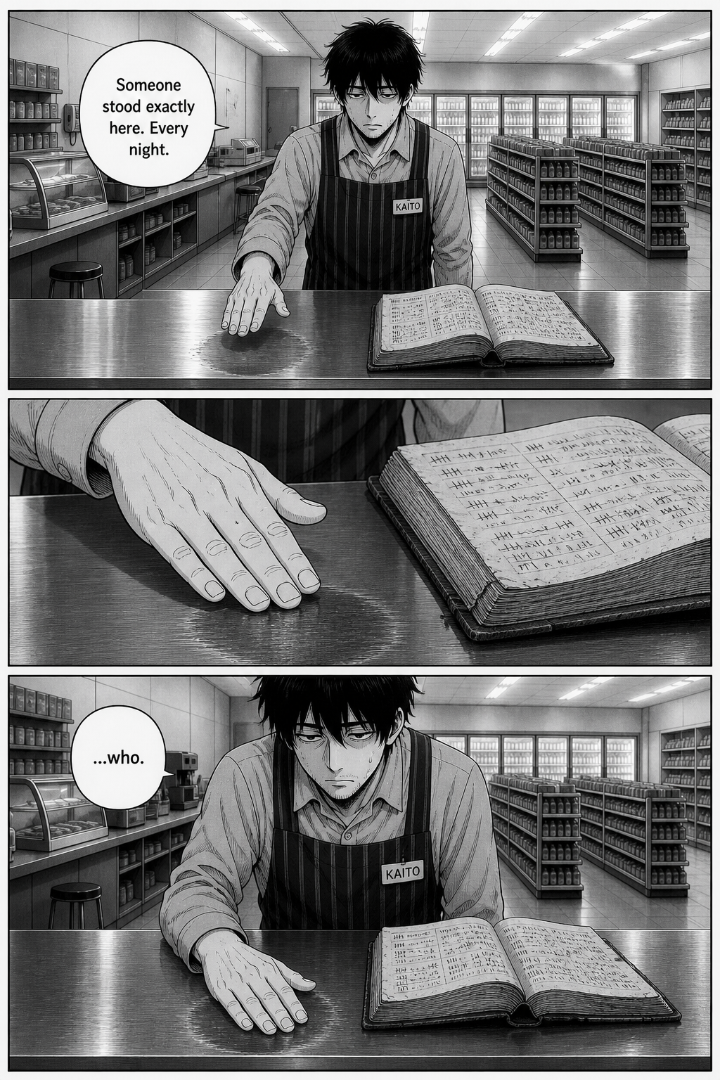 Three panels: Kaito gestures at the counter, lowers his open palm to a worn spot beside the ledger, and stares down muttering.