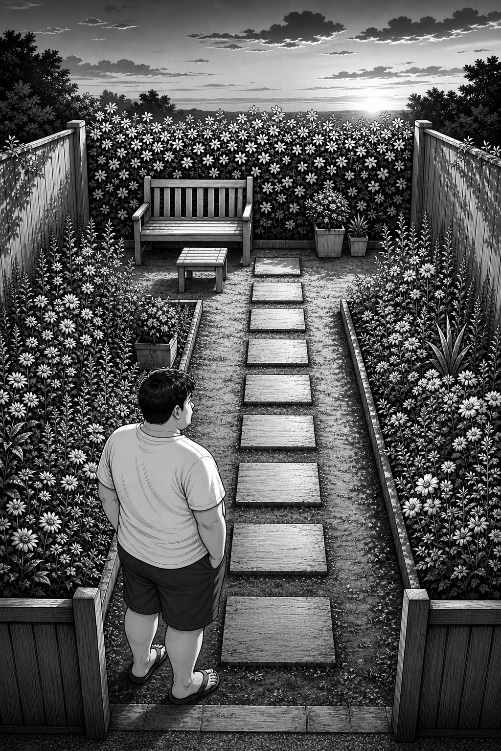 Kai stands with his back to the viewer, looking down a stone path through a small, enclosed garden filled with flowers, towards a wooden bench and a setting sun on the horizon.