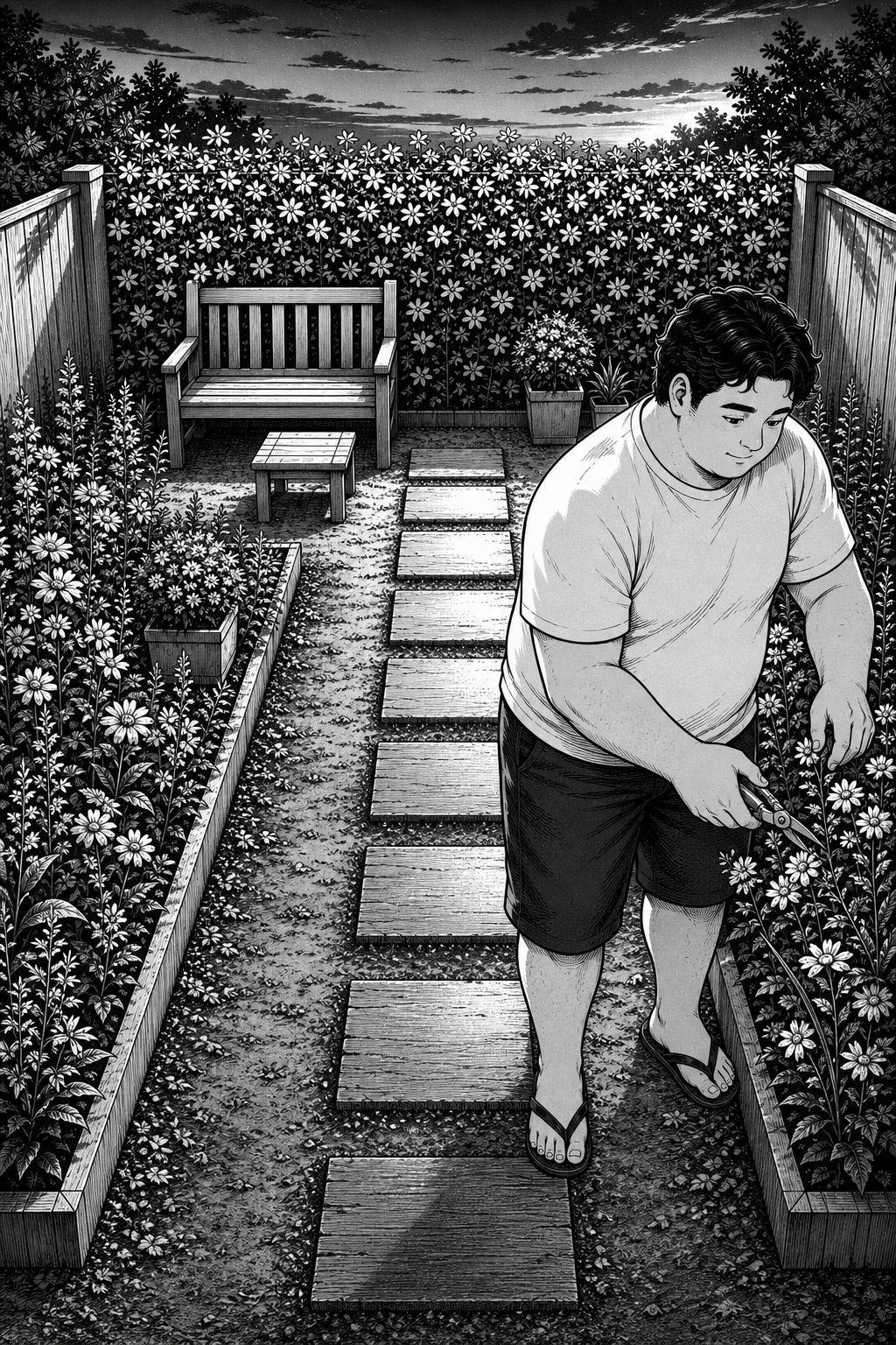 Kai, a heavy-set man in a t-shirt and shorts, is pruning flowers with shears in a moonlit garden with a wooden bench and small table.