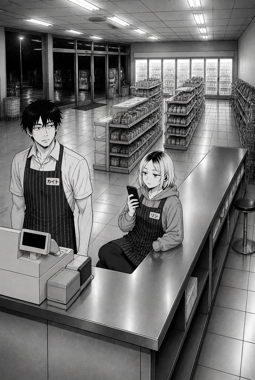 A man with short dark hair and a serious expression stands behind a counter in a convenience store, wearing a striped apron with "カイト" (Kaito) on it, while a woman with short blonde hair and visible earrings sits on the counter beside him, looking at her phone, wearing a striped apron with "リン" (Rin) on it.