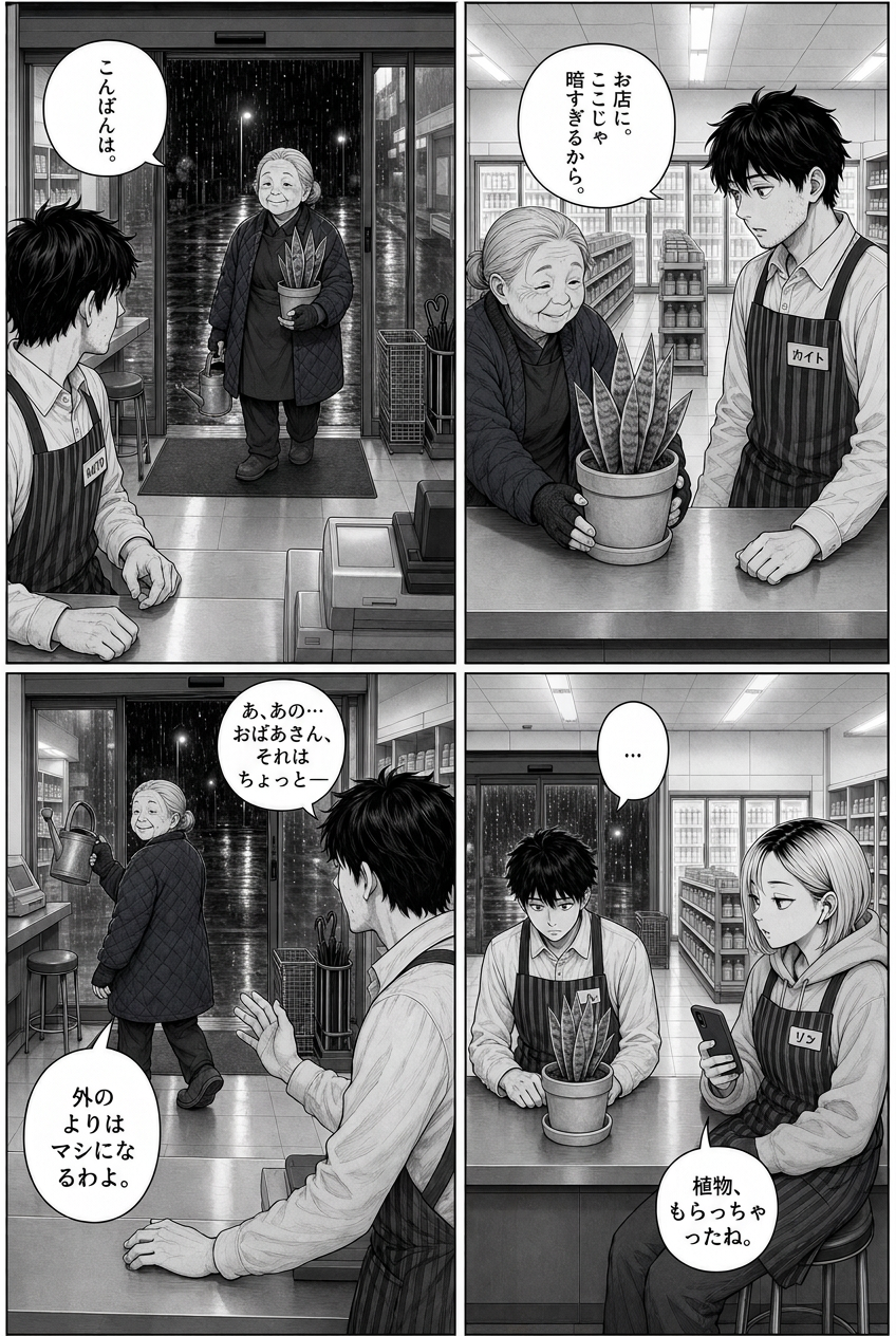 An old woman enters a store, holding a potted plant and a watering can, then speaks to a young man behind the counter, and later a young woman joins the young man at the counter.
