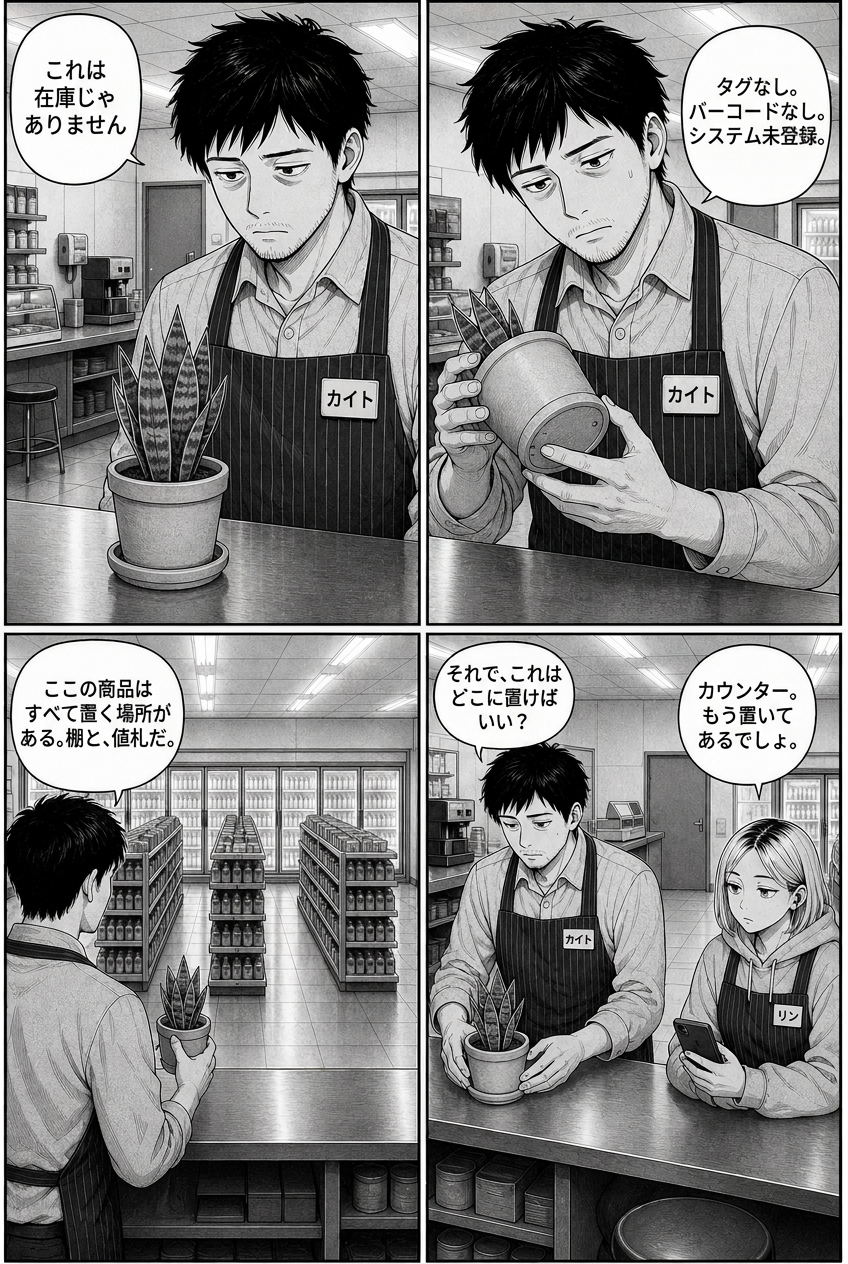 A man in an apron examines a potted plant in what appears to be a convenience store, first looking at it on a counter, then turning it over, then holding it while looking at shelves of products, and finally standing next to a woman looking at her phone.