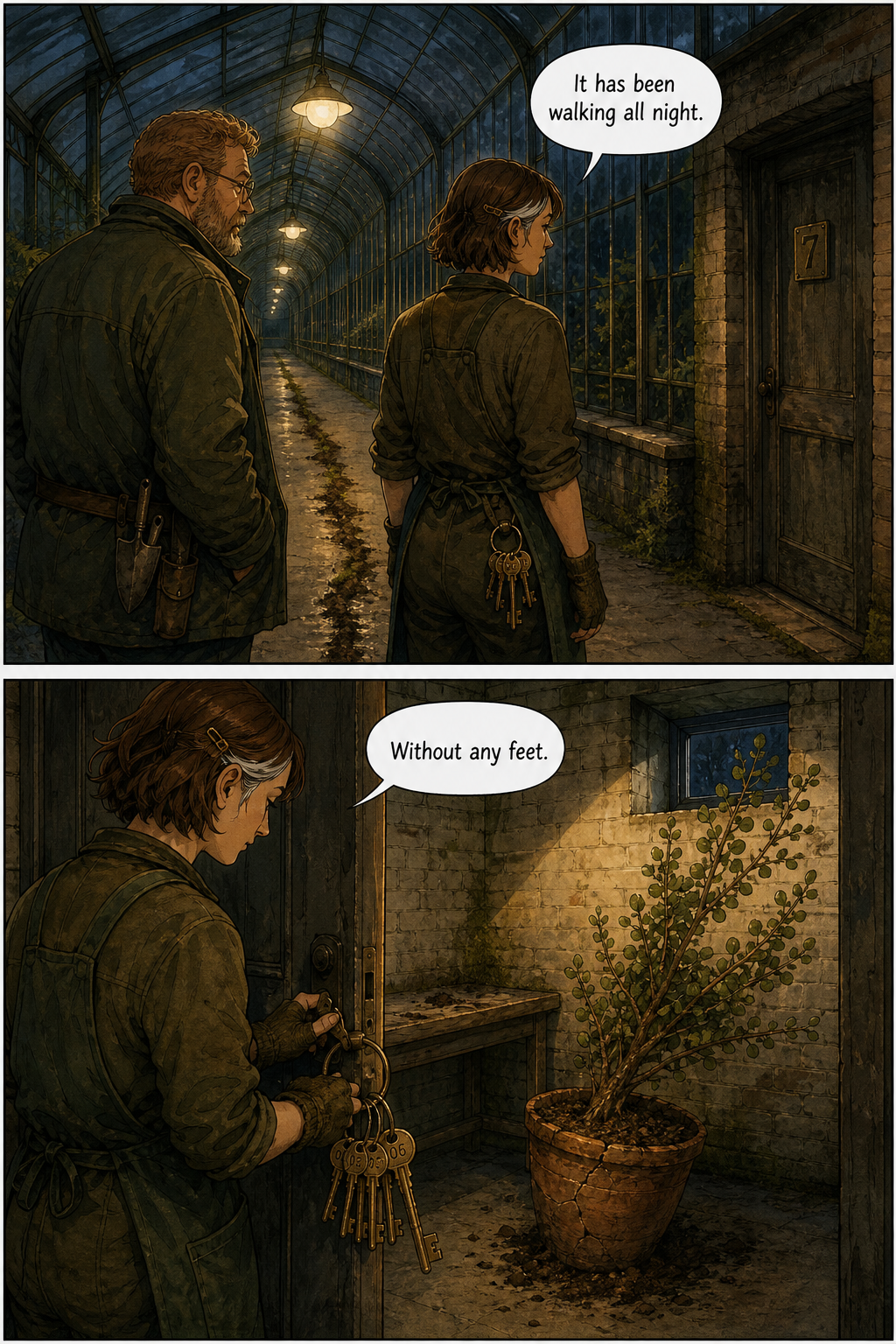 Two panels. Top: Fern and Wren stand in a long, dimly lit greenhouse corridor at night; Fern faces a wooden door marked '7'. Bottom: Fern opens the door to reveal a small leafy hazel plant in a cracked clay pot inside a stone room.