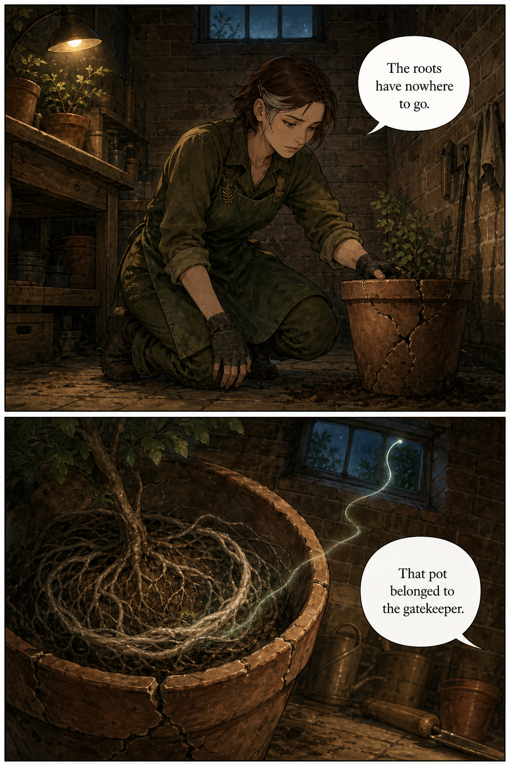 A two-panel comic page. In the top panel, Fern kneels in a dimly lit brick basement or shed, looking sadly at a cracked clay pot containing a small leafy hazel plant. In the bottom panel, a close-up shows the interior of the cracked pot where thick roots are coiled tightly, while a luminous white thread of light floats from the plant toward a small window.