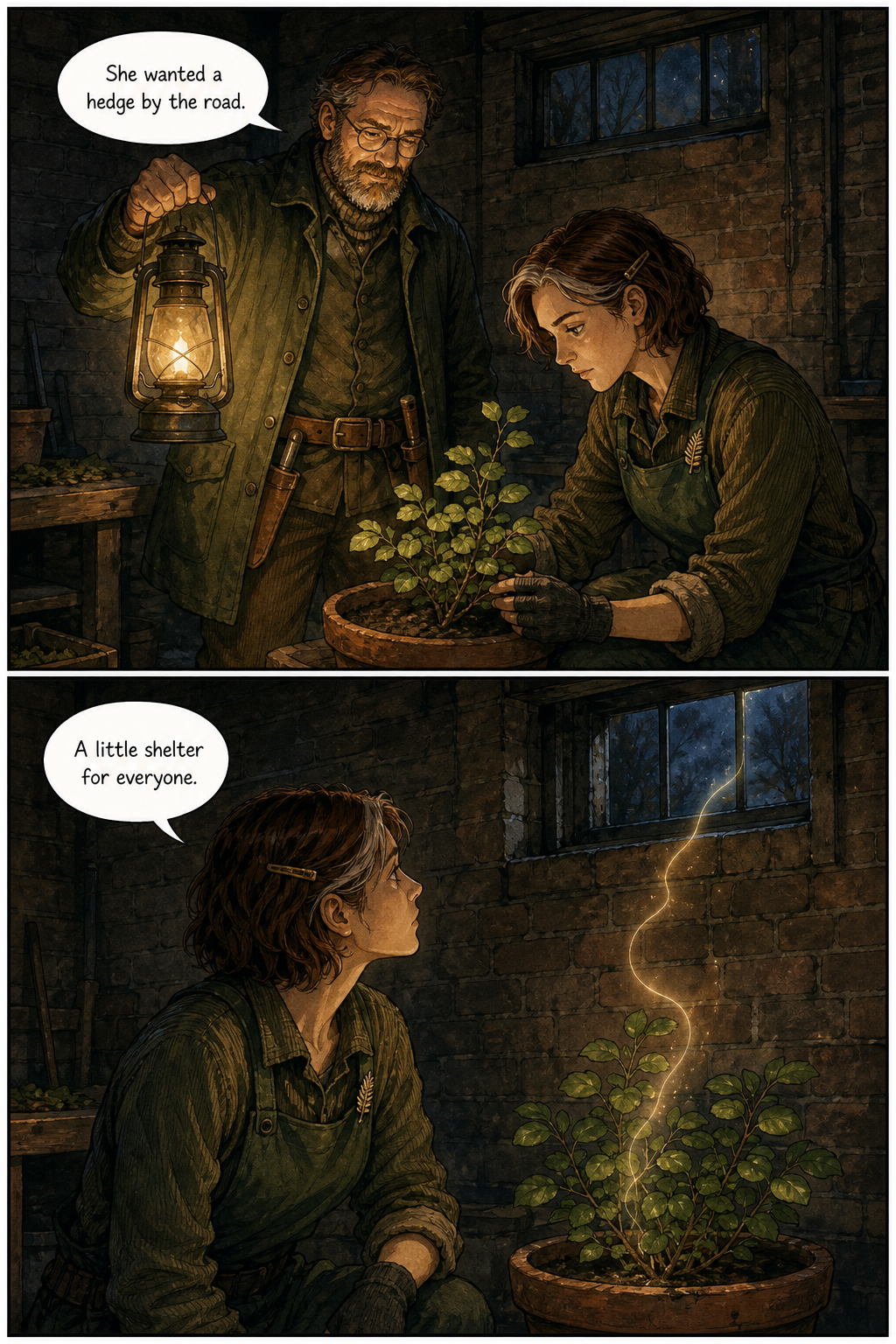 A two-panel comic set in a dark brick basement. In the top panel, a man holds a lantern over a woman tending a small leafy hazel plant in a clay pot. In the bottom panel, the woman looks up as a luminous golden thread rises from the plant toward a small window.