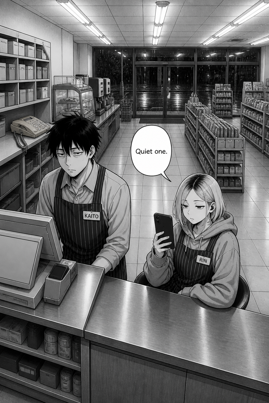 A quiet 24-hour convenience store at 3 A.M., seen along the counter. Kaito stands behind the register; Rin sits on her stool looking at her phone. A beige corded landline sits silent on the back shelf.