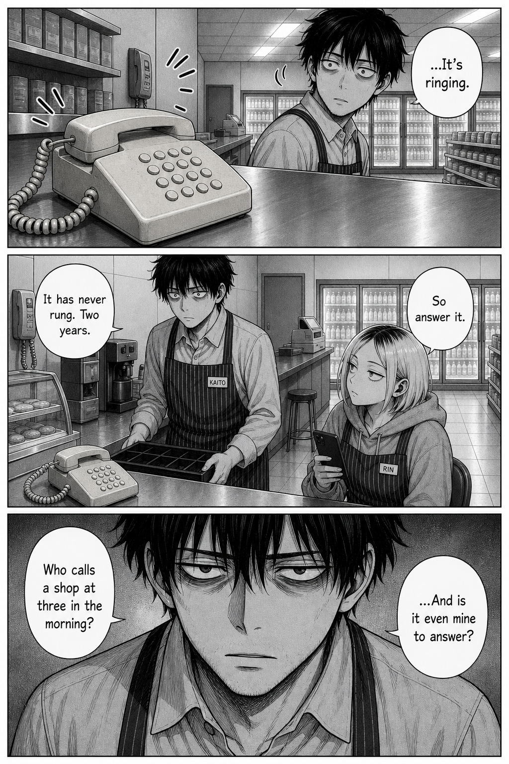 The beige landline rings for the first time; Kaito's head snaps toward it, then he stares, rigid, as a dawning dread crosses his face.