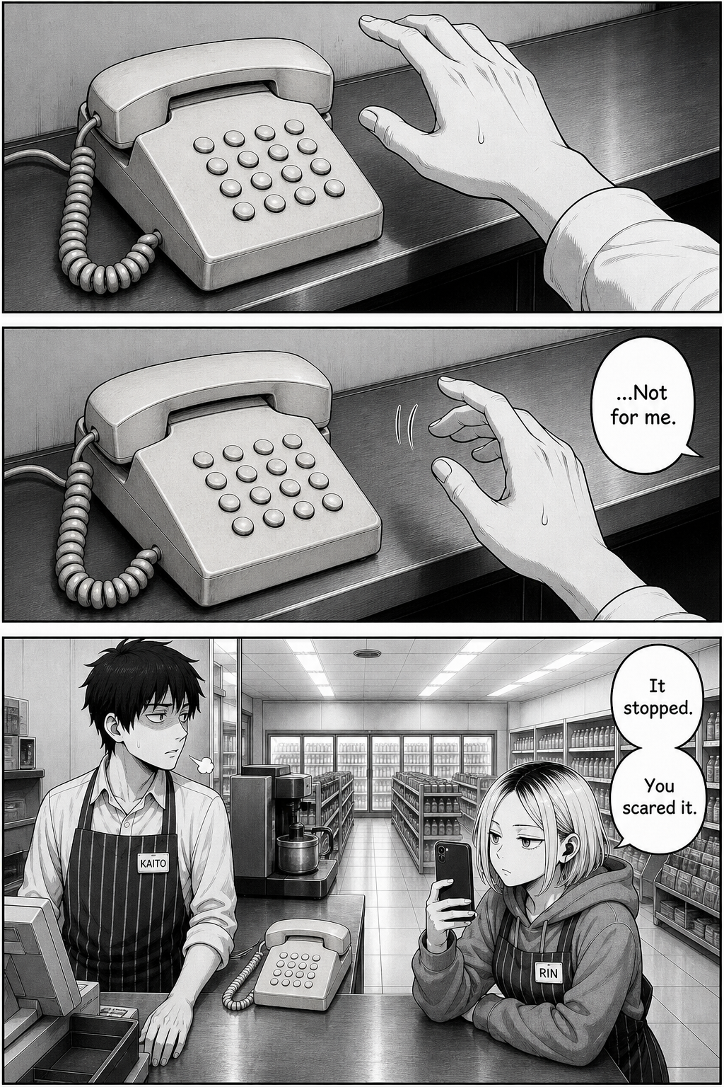 Kaito's hand hovers just above the ringing phone's handset, one bead of sweat, then draws back without touching it. The phone falls silent as Rin films.