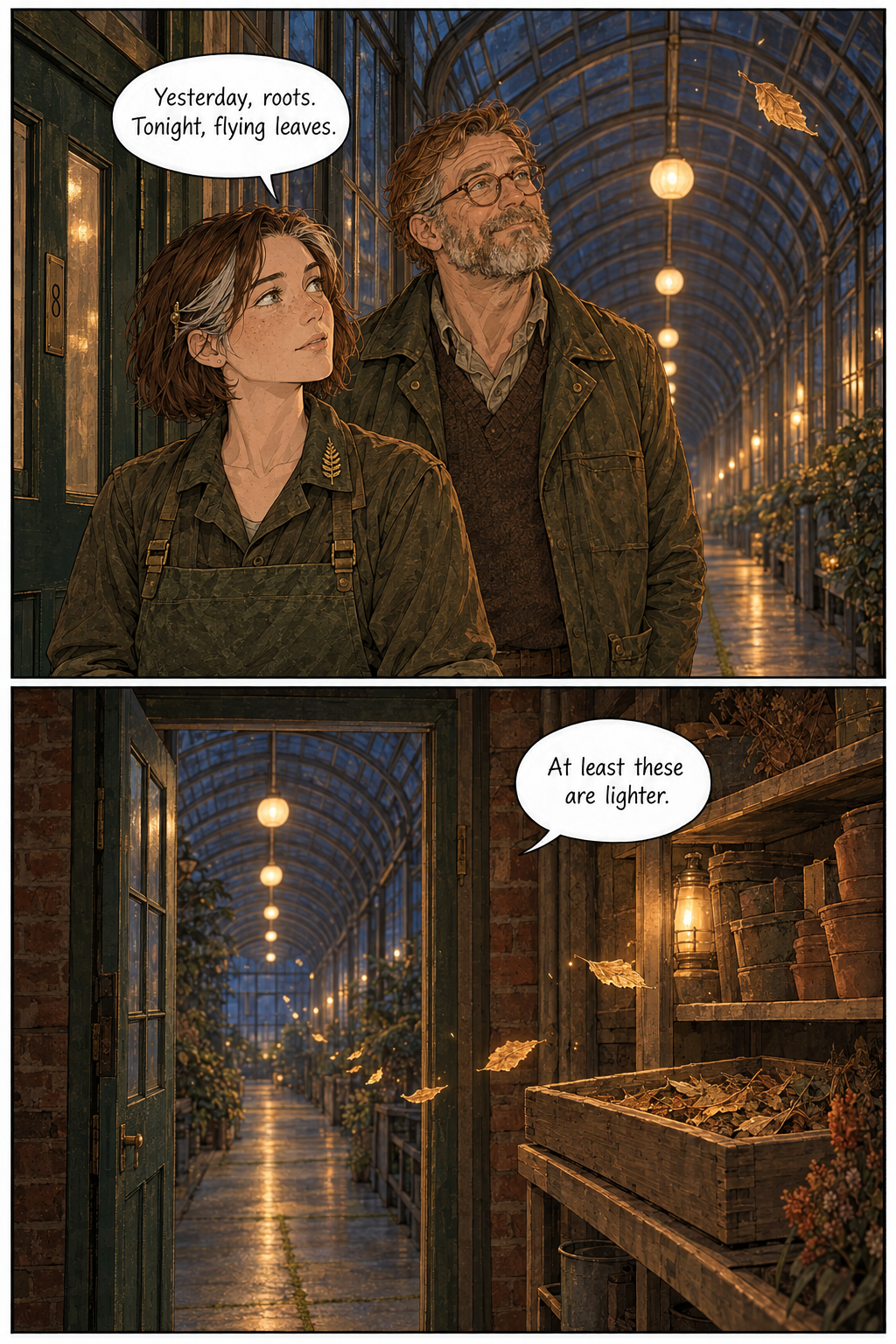 A two-panel comic page. The top panel shows Fern and Wren standing in a long, arched glass conservatory at night, looking up at a single floating leaf. The bottom panel shows a view from inside a dark brick potting shed looking out through an open door into the same glowing conservatory, with several leaves floating toward a wooden tray filled with dried foliage.