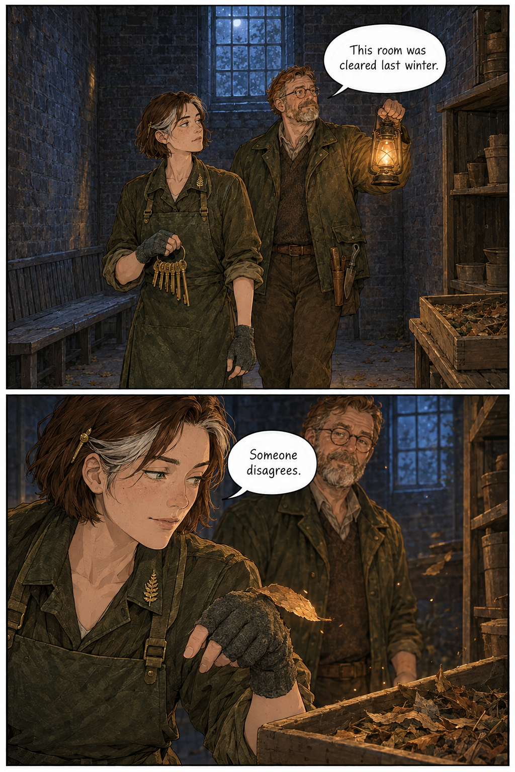 Two panels set in a dark, brick-walled storage room at night. In the top panel, a woman holds a ring of keys while a man holds a lit lantern, illuminating wooden shelves and a tray of leaves. In the bottom panel, a close-up shows the woman looking at a leaf that appears to be floating or lifting from the wooden tray as the man watches from behind.