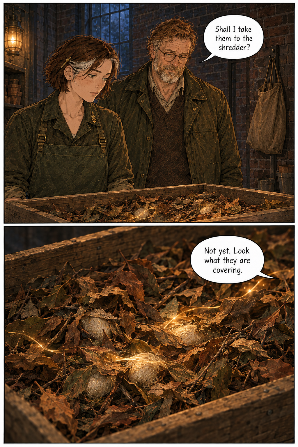 A two-panel comic page. The top panel shows Fern and Wren standing over a wooden tray filled with dried leaves and pale cocoons in a dimly lit brick room. The bottom panel is a close-up of the tray, showing a thin, luminous golden ribbon of light weaving through the leaves and over the cocoons.
