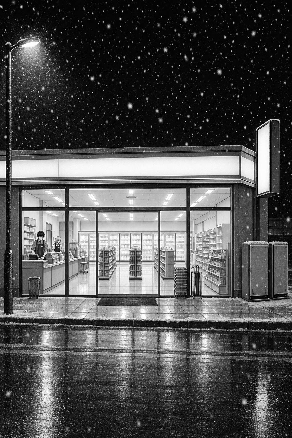 A wide night view of the lit convenience store on its corner as the first snow of the year begins to fall on the empty street.