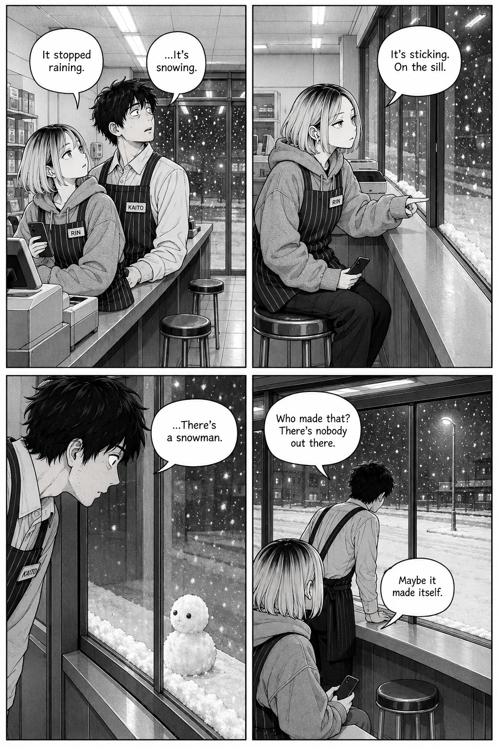 Inside the night store, Kaito and Rin notice the rain has turned to snow, and Kaito finds a single small snowman facing in on the window sill.