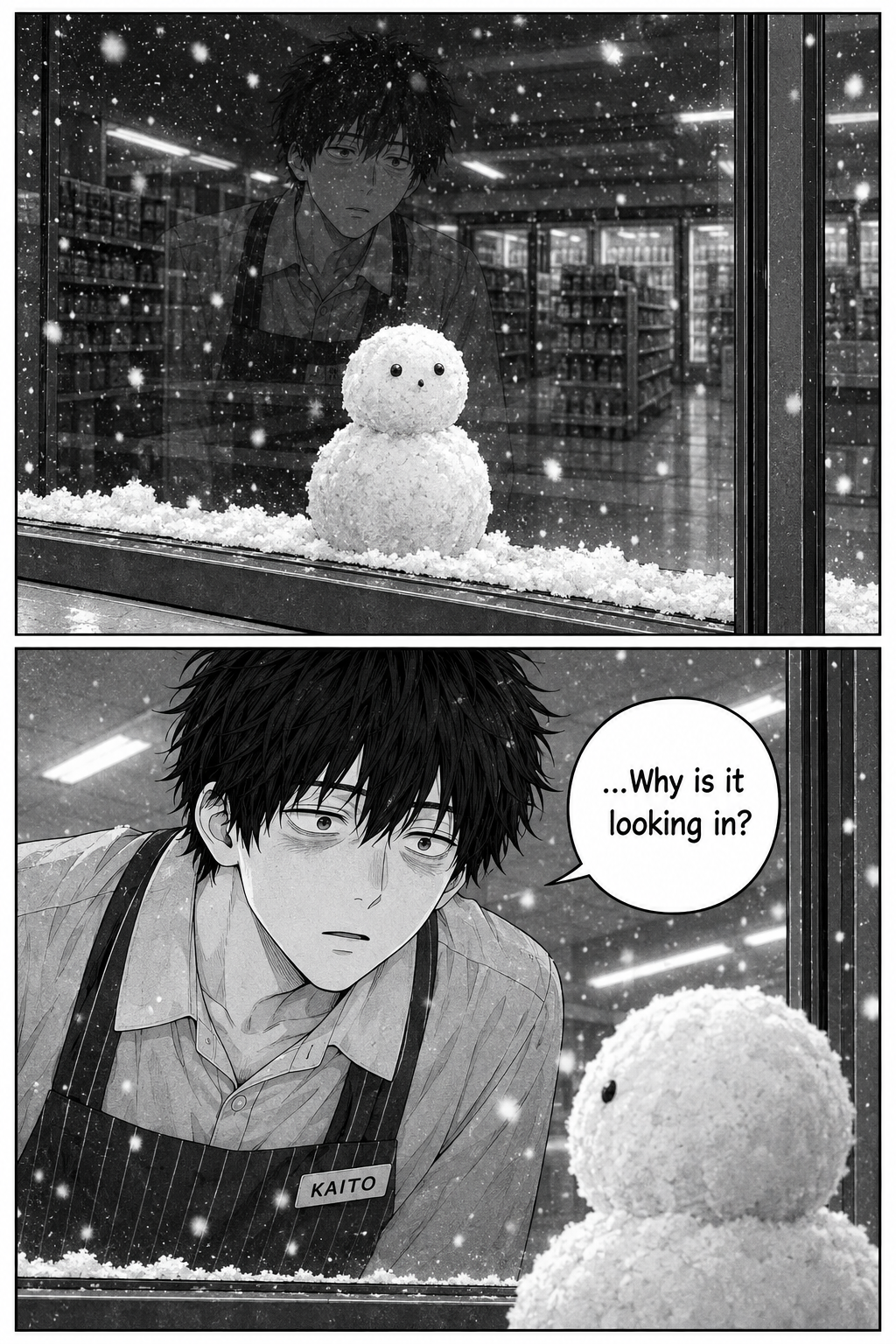 A close view of the single snowman facing in through the dark glass, then Kaito's uneasy face at the window.
