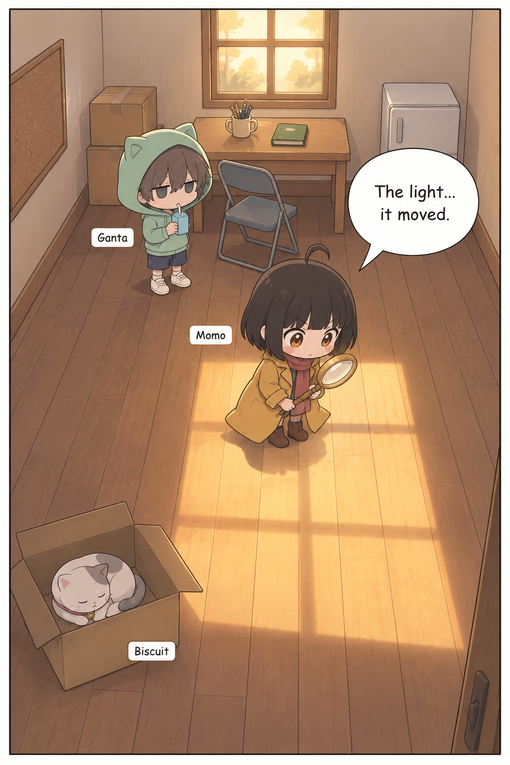 High-angle establishing shot of the Tiny Case Agency clubroom in warm afternoon light. A large golden rectangle of sun lies across the wooden floor. Momo, a tiny chibi detective in an oversized mustard trench coat with a magnifying glass, stands in the light looking down at its edge. Ganta stands by the desk sipping a juice box, and the white cat Biscuit sleeps in an open cardboard box.
