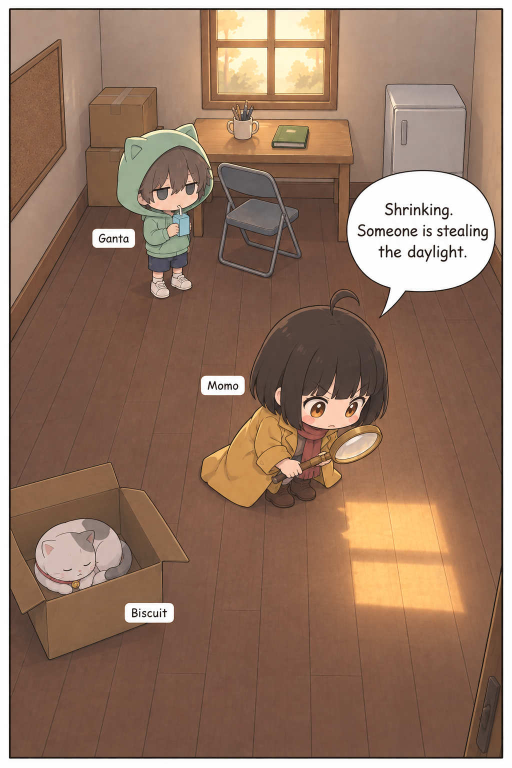 Close high-angle view of Momo crouched low over the edge of the shrinking golden sunbeam on the wooden floor, holding her big magnifying glass up to the line where gold meets shadow, eyebrows down, deadly serious. The patch of sunlight is smaller than before.