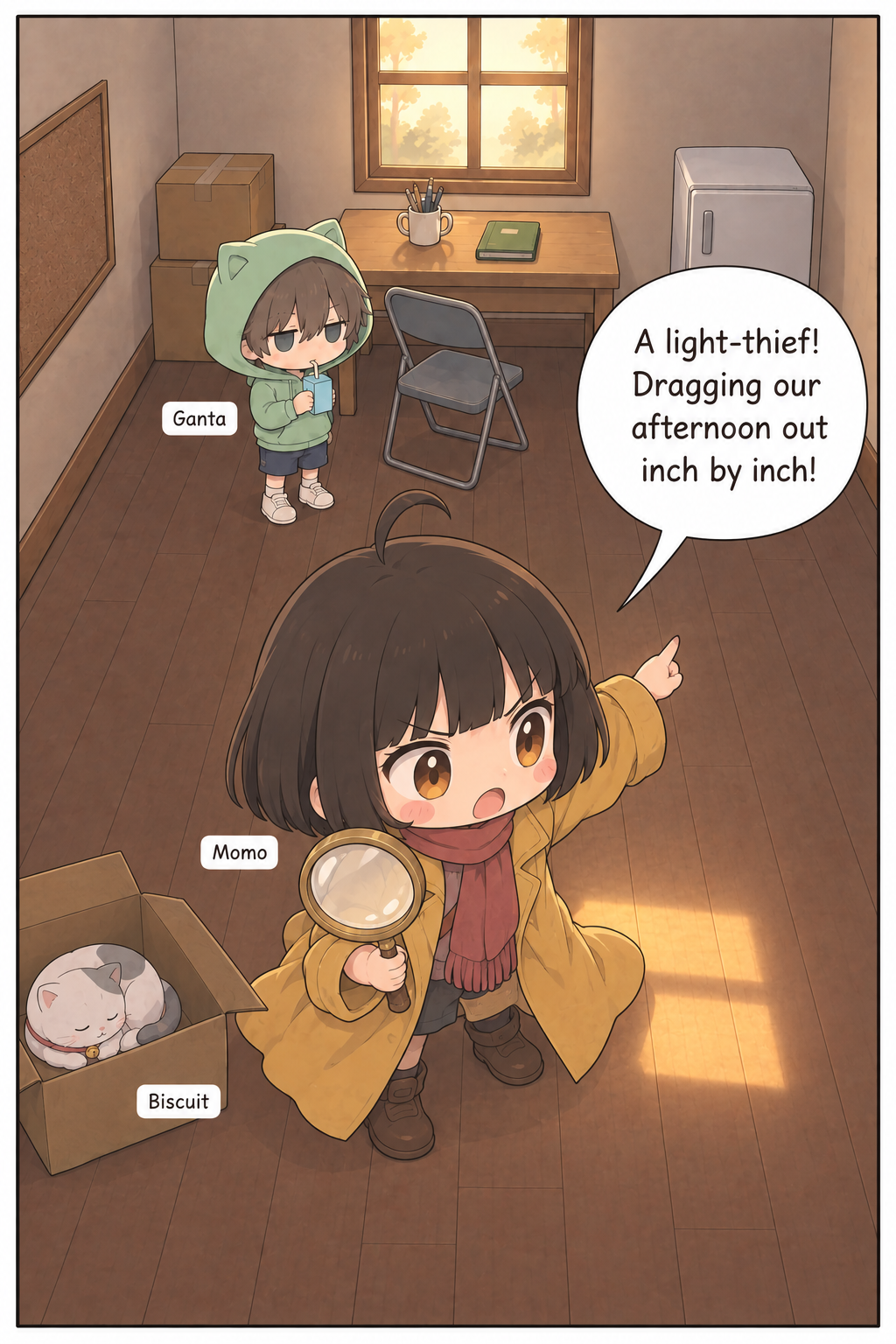 Momo stands and flings out one arm to point straight at the square window, coat swirling, chin lifted, utterly certain, her magnifying glass raised. A medium golden patch of afternoon sun still lies on the floor behind her.