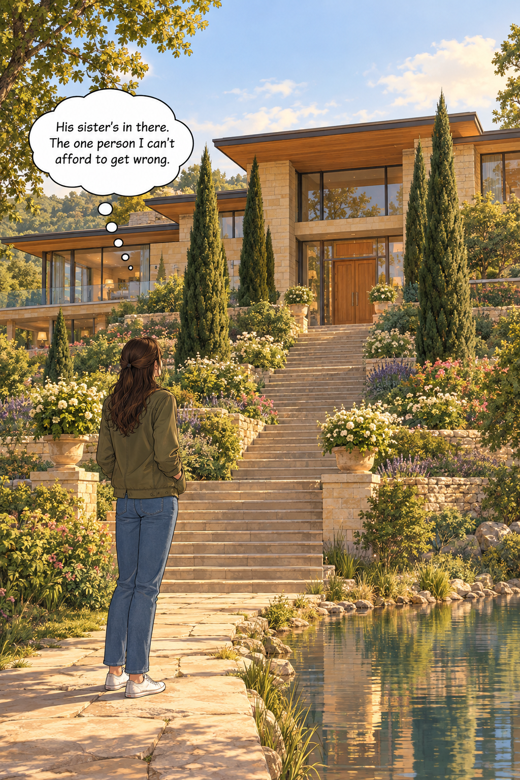 A wide golden-morning view of a warm honey-limestone estate house above a mirror-still lake. Lizzie Bennet stands small at the foot of the wide stone steps with her hands in her olive-green jacket pockets, looking up at the closed front door.