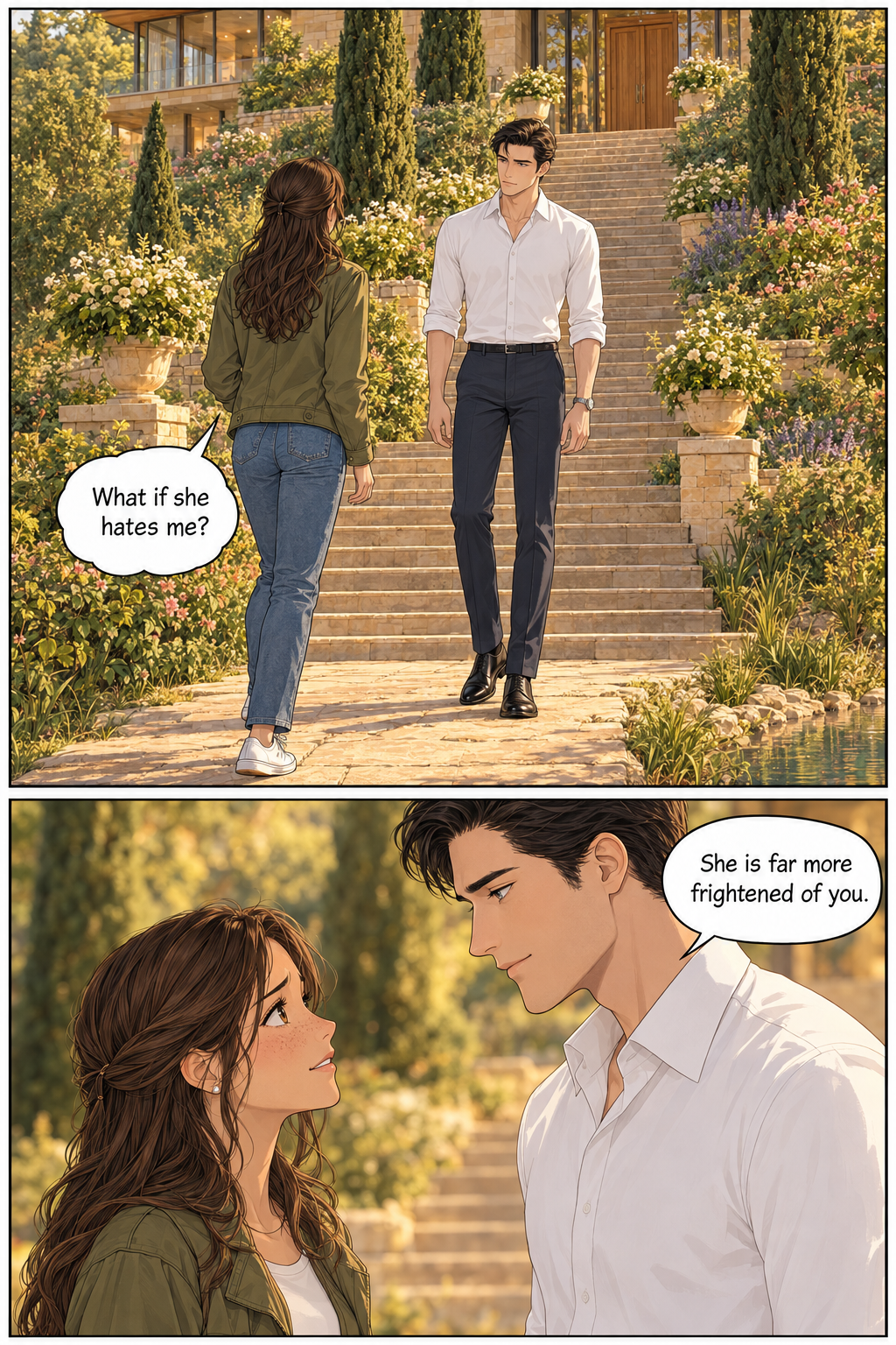 Two panels: Darcy waits in a white shirt at the bottom of the estate steps as Lizzie walks up to him; then a close two-shot of Lizzie looking up at him, nervous, and Darcy looking down at her, gentle.