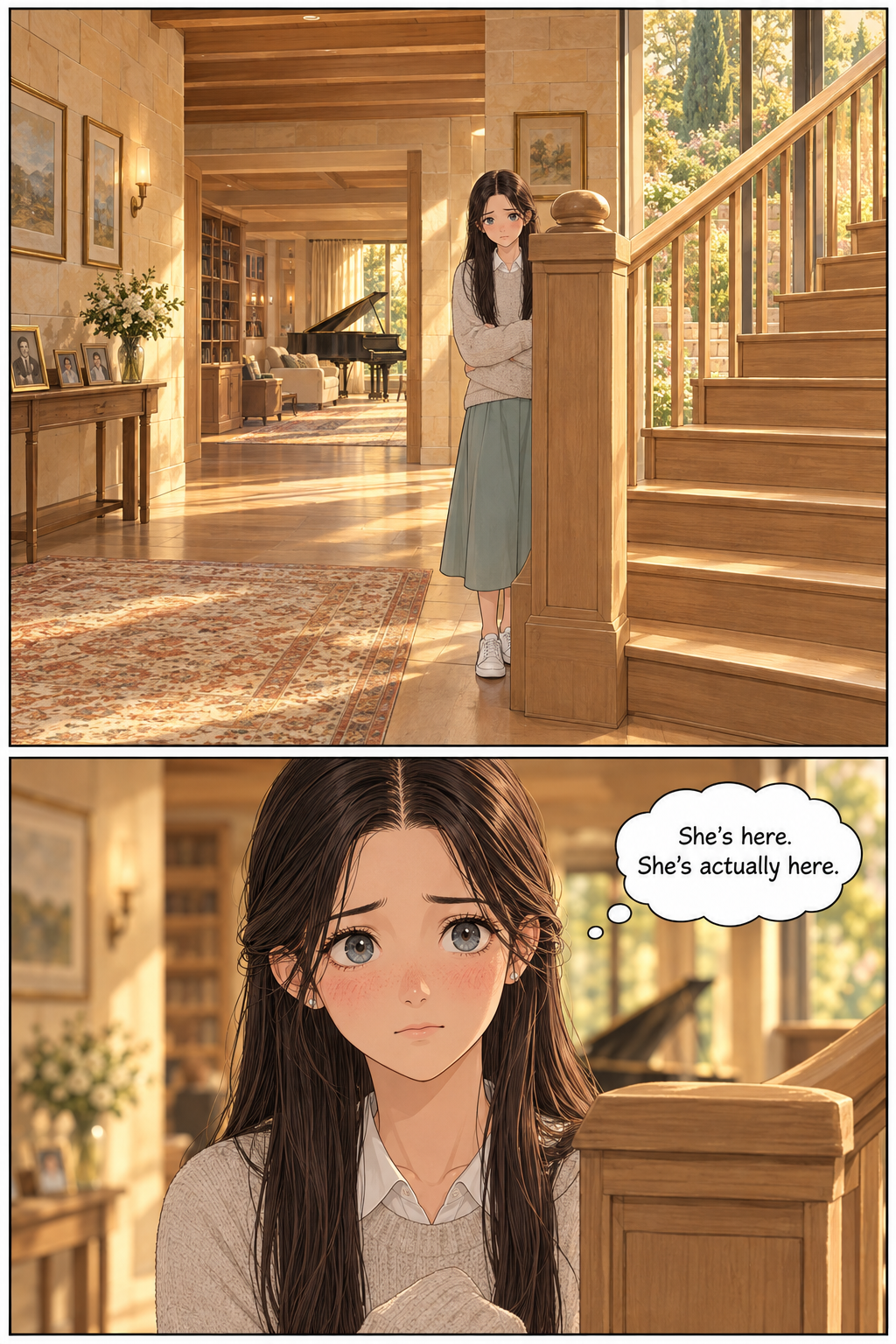 Two panels inside the sunlit honey-limestone entrance hall: Georgiana Darcy stands half-hidden at the foot of the oak staircase with her sweater sleeves over her hands; then a close-up of her nervous, flushed face.