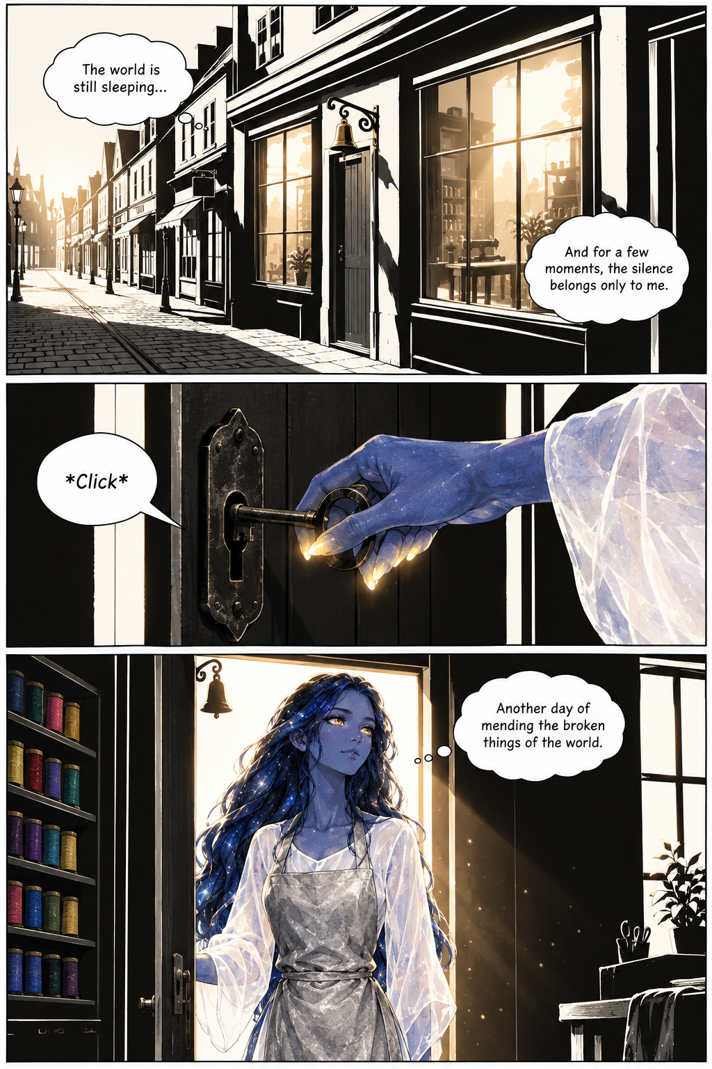The first panel shows a street scene with a row of buildings and an empty cobblestone road, with golden light shining on the storefronts. The second panel shows a close-up of a blue-skinned hand, with glowing fingertips, inserting a key into a lock. The third panel shows Elara, a woman with blue skin and long, dark blue hair, standing inside a doorway, wearing a white tunic and a gray apron, with shelves of colorful spools of thread visible to her left.