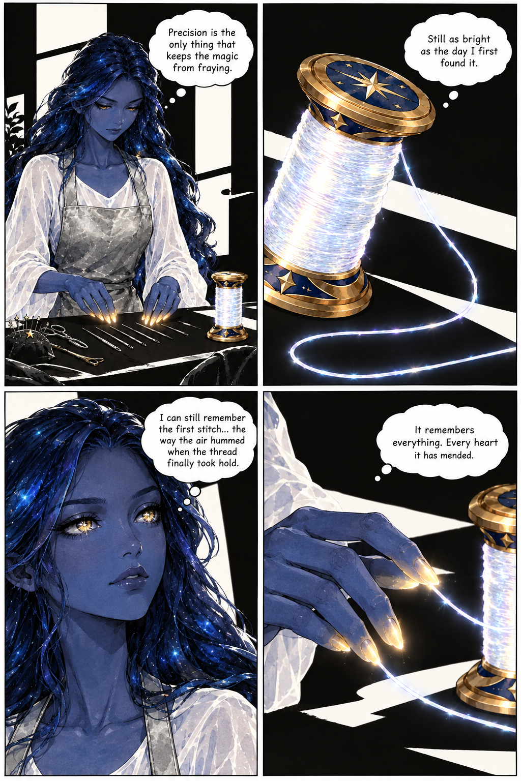 Elara sits at a workbench, hands poised above several needles and a spool of glowing thread, while close-ups show the glowing thread and Elara's face and hands.