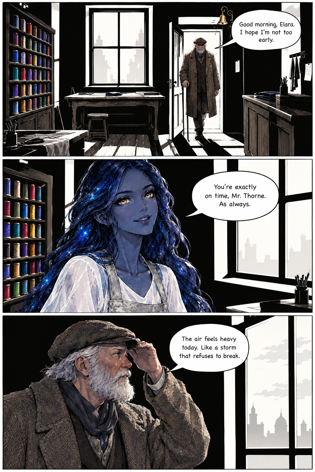 Mr. Thorne enters Elara's shop, which has shelves of colorful thread on the left, and talks to Elara, who has blue skin and long, flowing blue hair, then he looks out the window at the skyline.