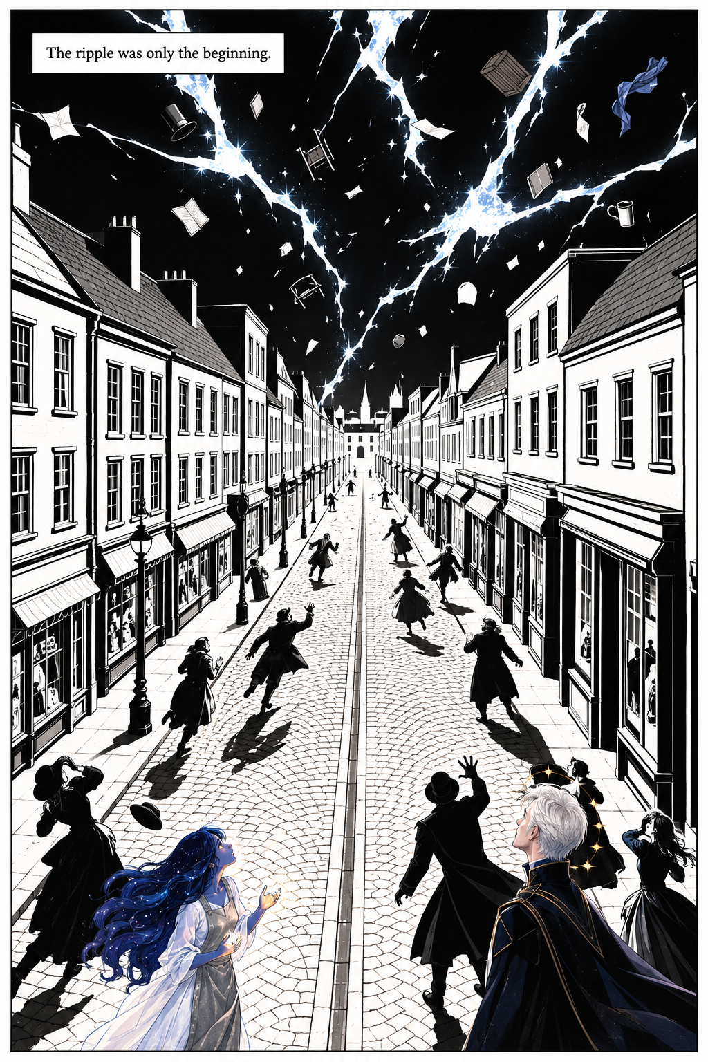 A panoramic view of a bustling street, lined with buildings on both sides, with people running away from a fractured, dark sky that is pulling objects upward, while Elara looks up holding a glowing orb and Arbiter Kaelen observes.