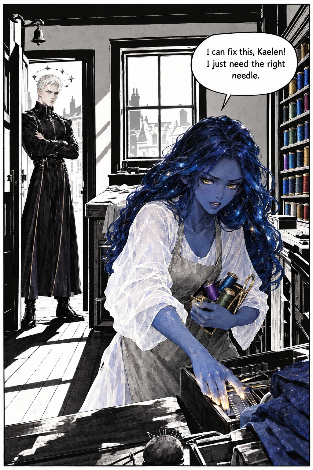 Elara, a woman with deep indigo skin and long, midnight blue hair, wears a simple silver apron over a translucent white tunic while she leans over a work table, holding a small box of colorful spools of thread in one hand and reaching into a larger wooden box of tools with her other hand, which has softly glowing fingertips, as Arbiter Kaelen, a man with platinum white hair and a floating halo of small, orbiting stars, stands in a doorway in the background with his arms crossed, wearing a black, high-collared, long military coat.