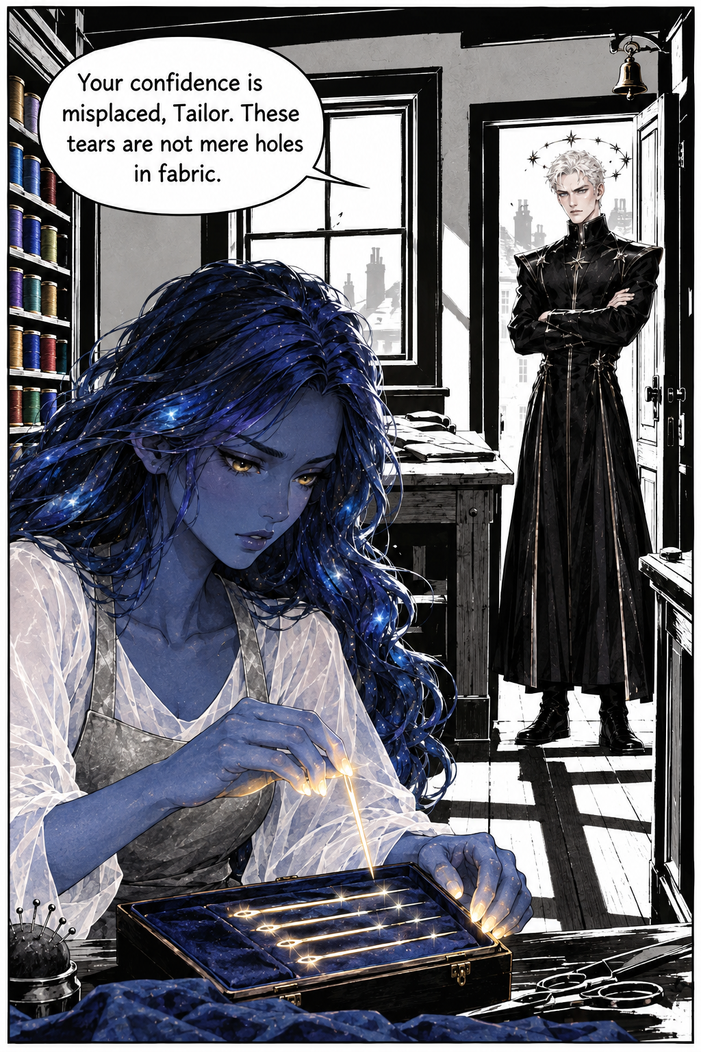 Elara, with dark blue skin and long, flowing dark blue hair, sits at a workbench, focused on selecting a glowing needle from a velvet case, while Arbiter Kaelen, a pale-skinned man with short white hair and a starry halo, stands in a doorway behind her, looking on.