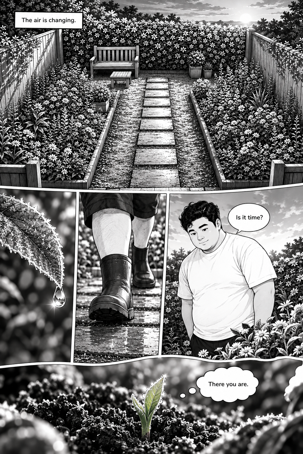 A full-page spread in shades of black and white shows a small garden at dusk, with a man walking through it, a close-up of a frosted leaf with a water droplet, and a tiny sprout growing from the soil.