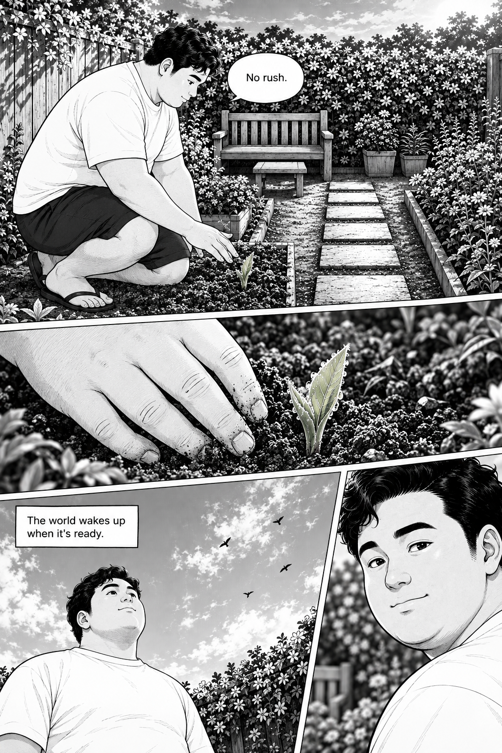 Kai kneels in a flower bed, planting, with a thought bubble above him saying, "No rush." A close-up shot shows his hand with dirt on it next to a small plant, and then another shot shows him looking up at the sky, which has three small birds flying in it, with a speech bubble saying, "The world wakes up when it's ready." The final shot is a close-up of his smiling face, looking toward the viewer.