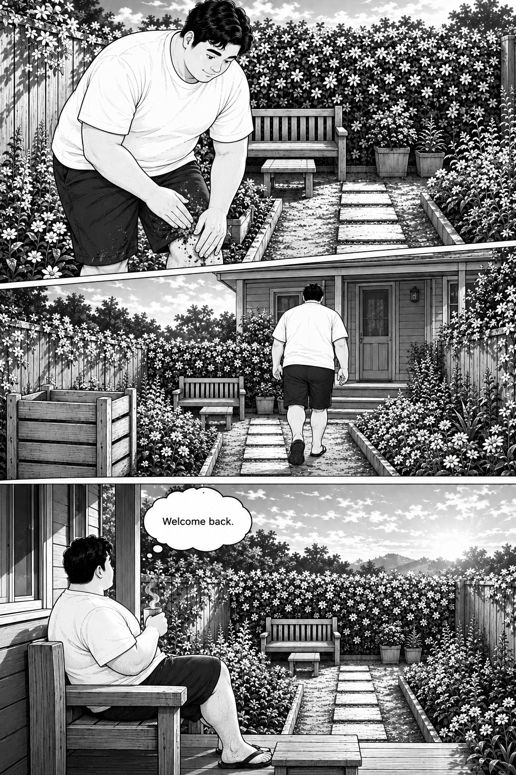 Kai tends to a small garden bed, walks toward a house, and then sits on a porch bench, looking out at the garden.