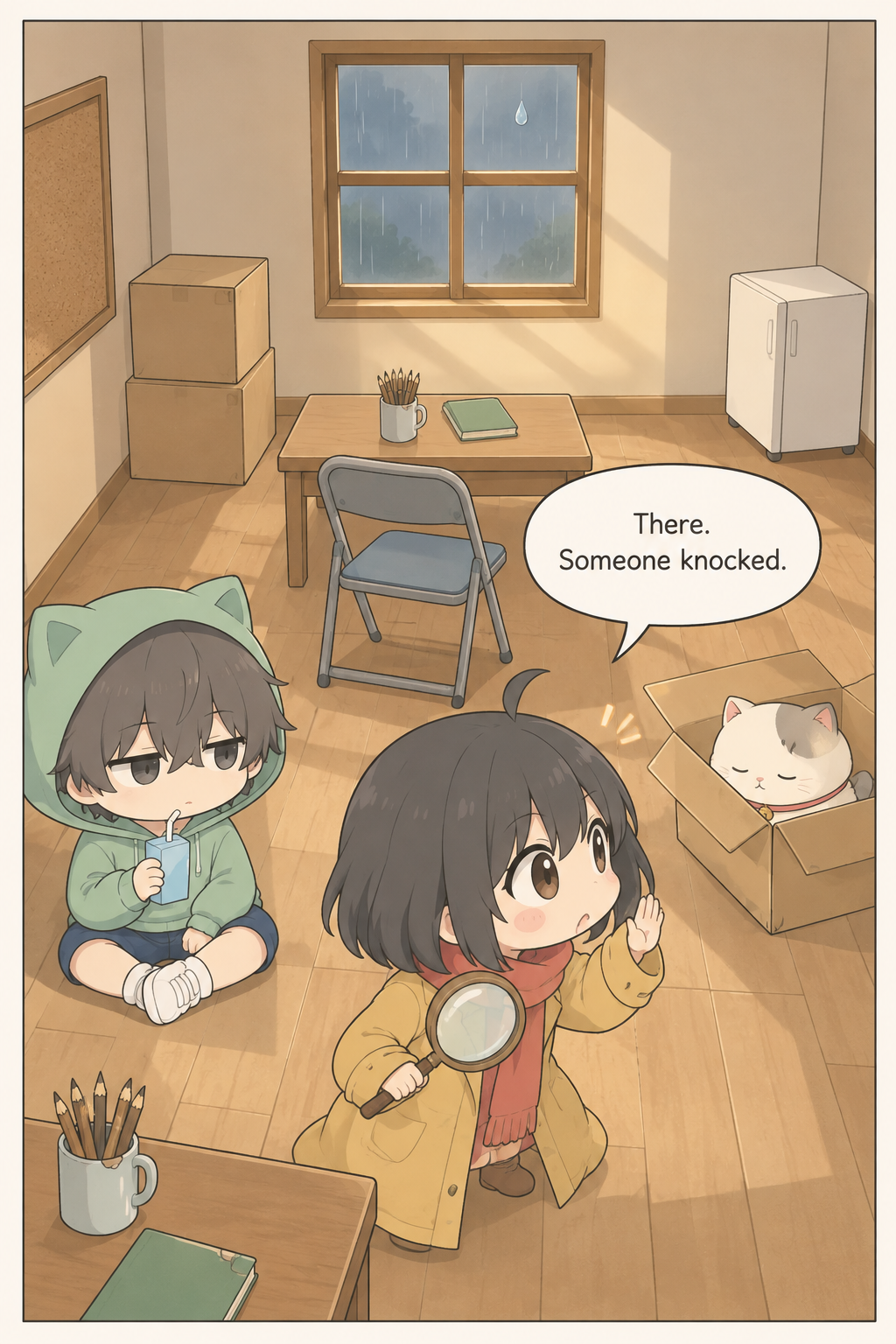 Momo raises a hand for silence in the warm, cluttered Tiny Case Agency clubroom while Ganta sips a juice box and Biscuit sleeps in her box beneath a rain-streaked window.