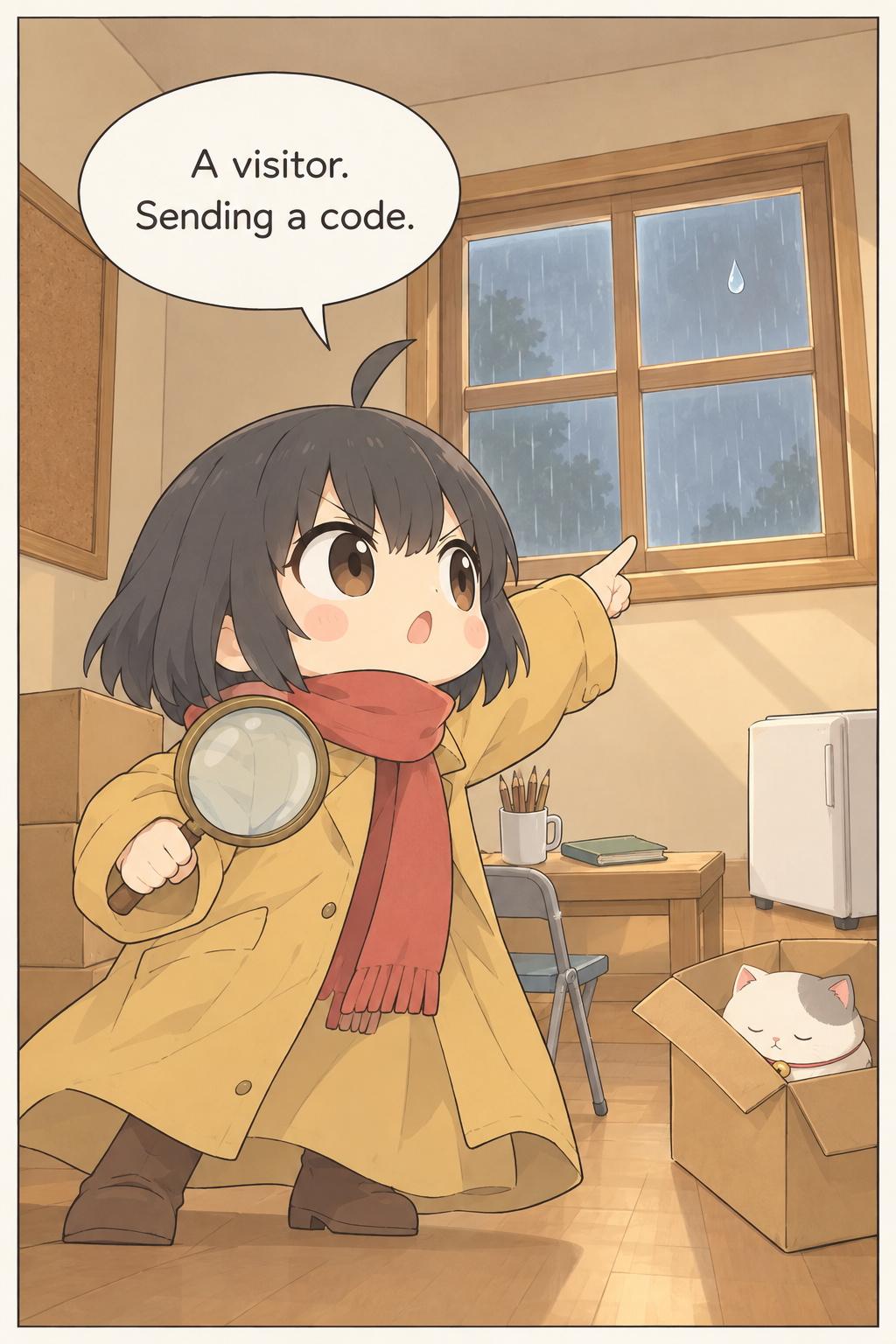 Momo points dramatically at the four-pane window, raising her magnifying glass as she declares that a visitor is sending a code.