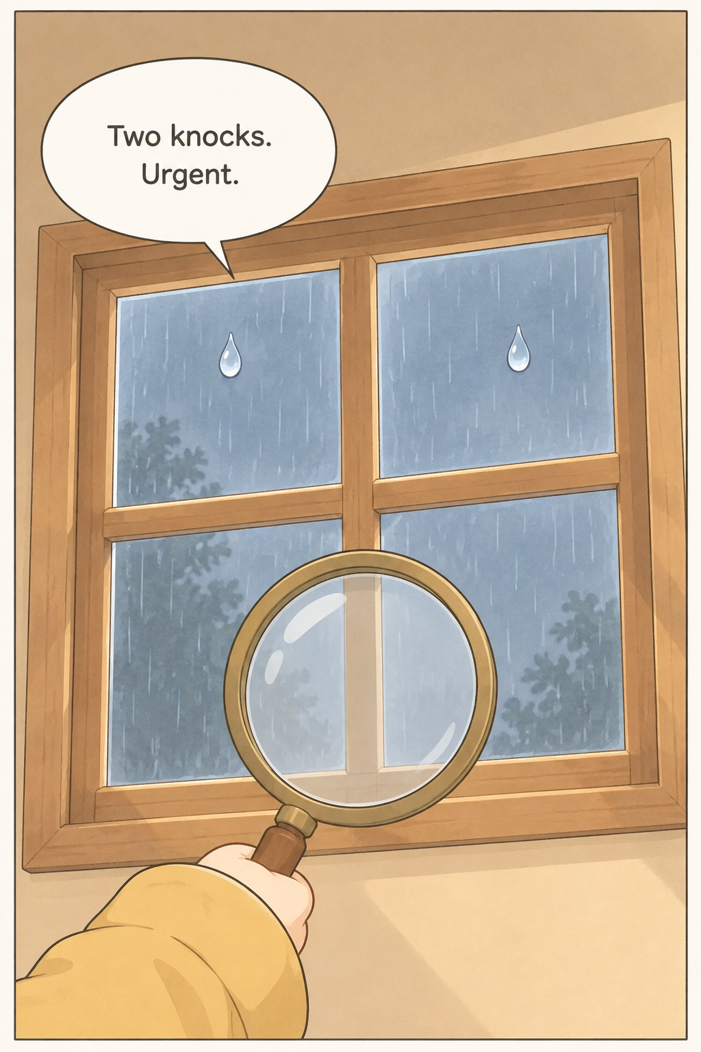 Two large droplets cling to separate upper panes of the rain-streaked window as Momo’s magnifying glass rises into the foreground.