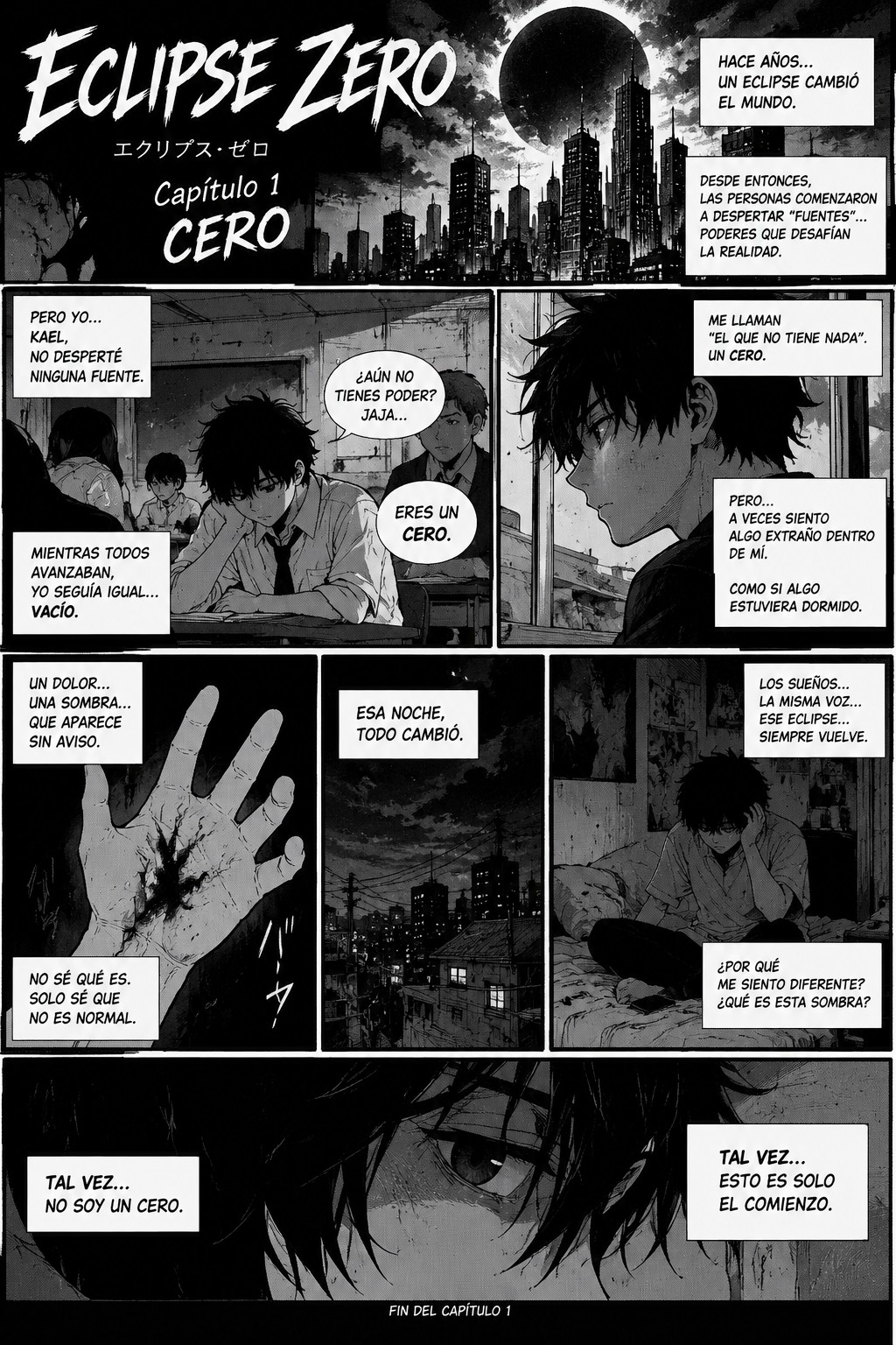 The page opens with the title of the manga over a cityscape at night, then shows a young man named Kael in a classroom and looking out a window, before depicting his hand with a dark, spreading mark and then Kael sitting on a bed in a room with a city view.