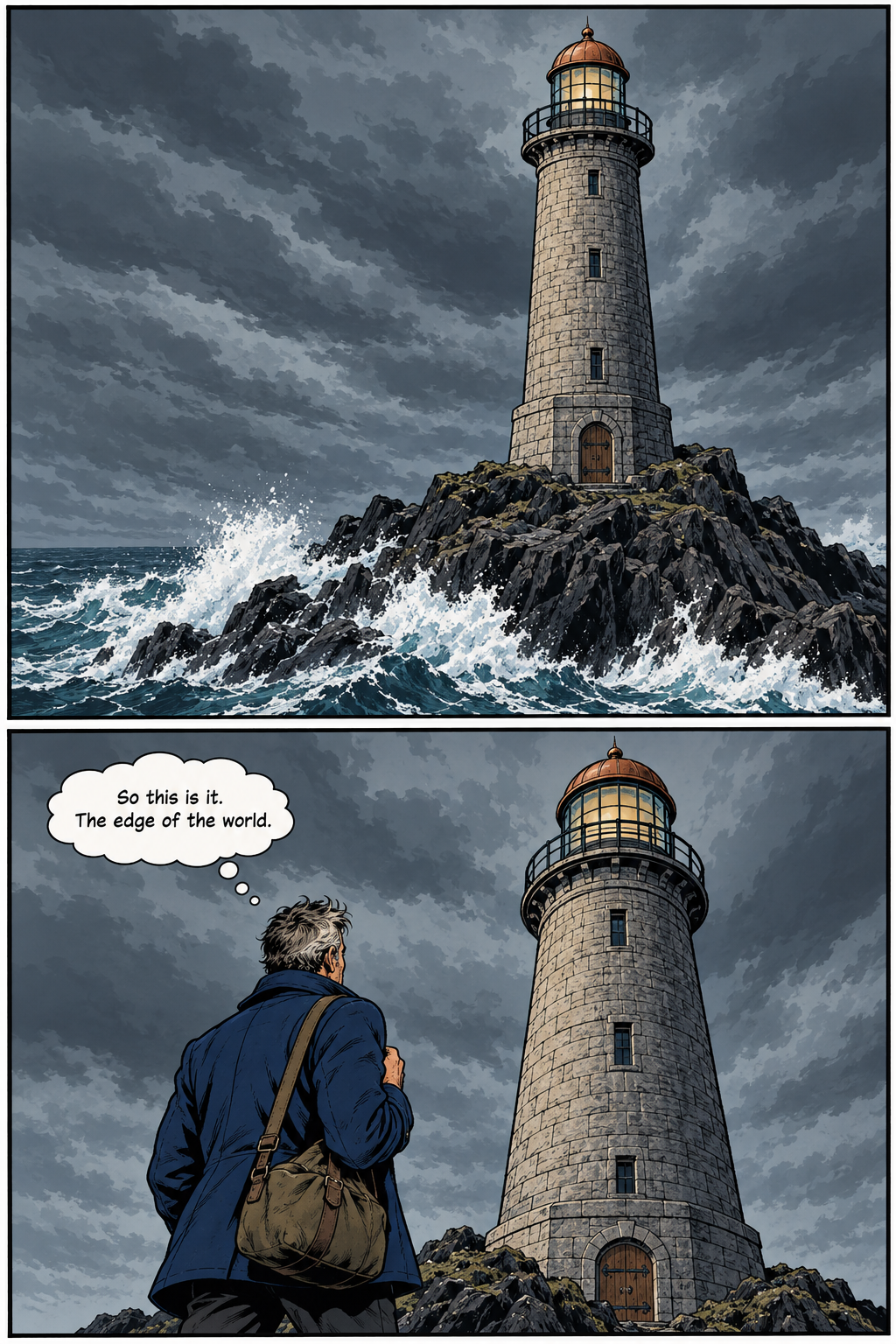 A two-panel page shows a tall, stone lighthouse on a rocky outcrop amidst a turbulent sea under a dark, cloudy sky, followed by a man with salt-and-pepper hair, wearing a dark coat and carrying a bag, looking up at the lighthouse as he thinks, “So this is it. The edge of the world.”