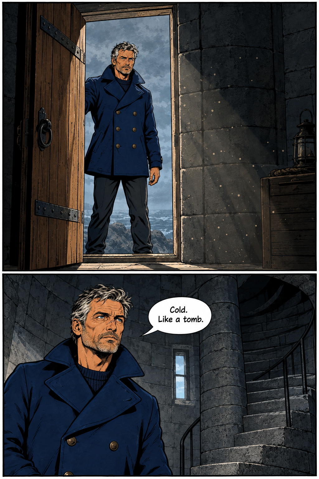 Elias, a man with salt-and-pepper hair, opens a wooden door to reveal a stormy sea outside, then stands inside a stone tower and observes his surroundings.