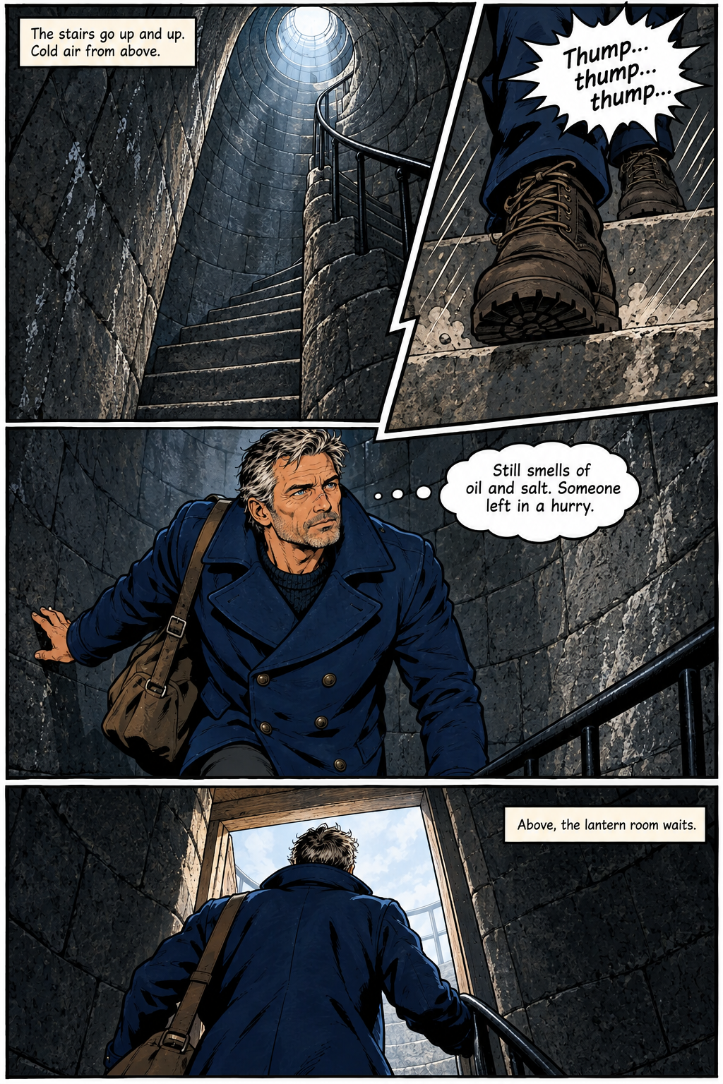 Elias climbs a spiral staircase inside a stone tower, and in a thought bubble, he notes the smell of oil and salt.