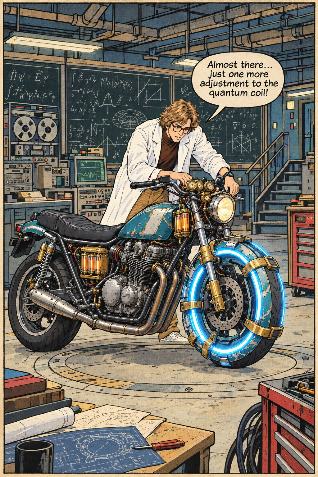 A man in a lab coat, Dr. Marc Cray, leans over a motorcycle with a glowing blue front wheel, adjusting something on the handlebars in a cluttered laboratory filled with scientific equipment and blackboards covered in equations.