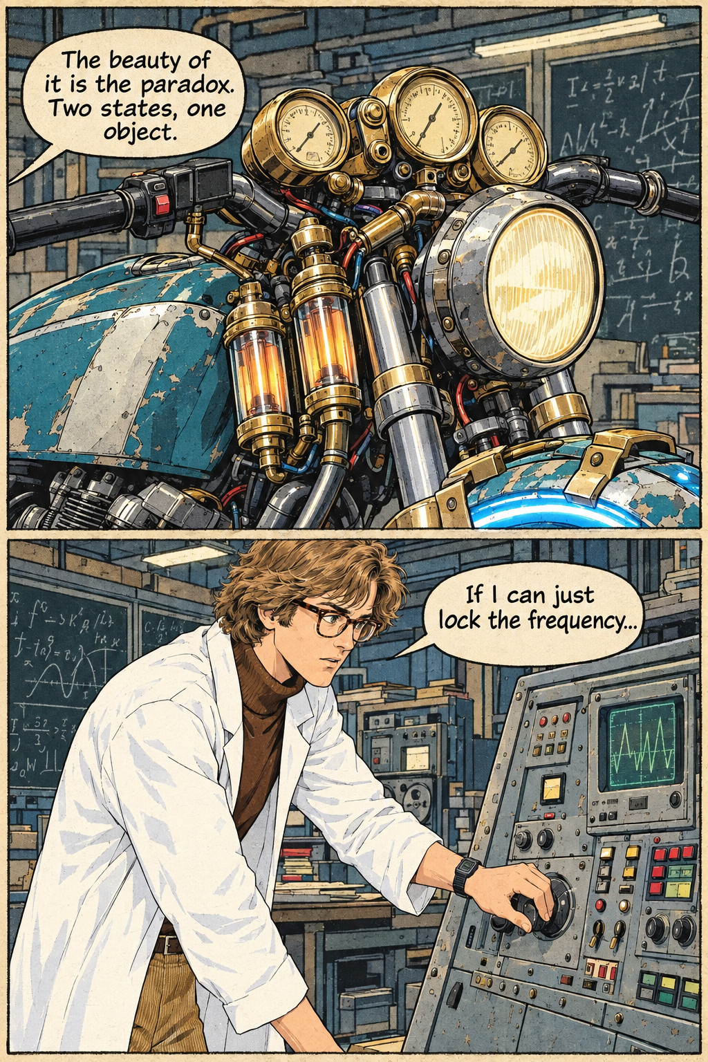 A two-panel page shows the front part of a futuristic, steampunk-like motorcycle with various gauges and glowing tubes, and then a man in a lab coat and glasses turning a knob on a control panel.
