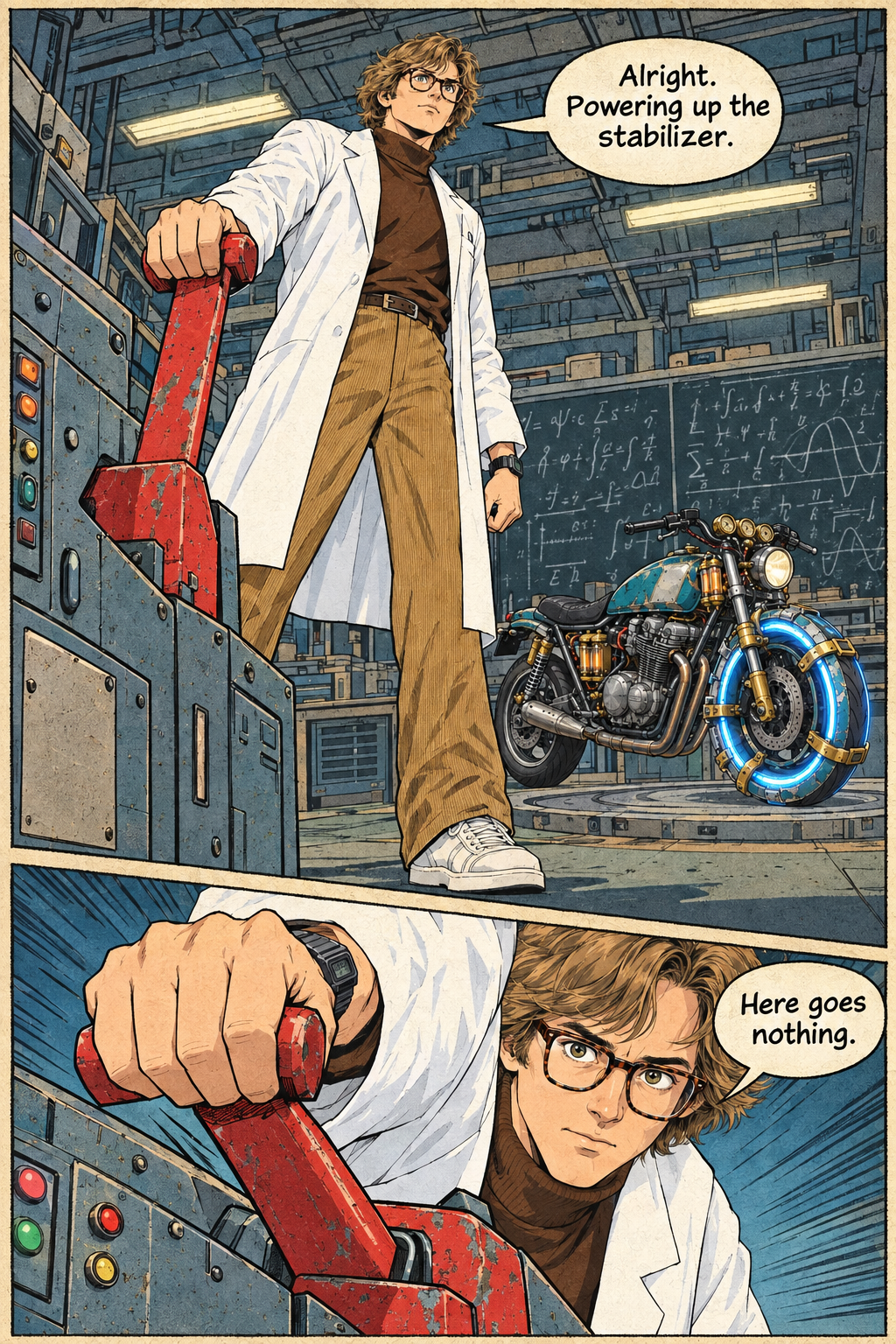 Dr. Marc Cray, a young man in a lab coat and glasses, stands in a lab, reaching down to pull a large red lever, while a motorcycle with glowing blue tires is visible behind him. In a closer shot, he pulls the lever, his expression intense.