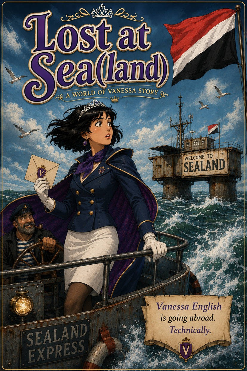 Vanessa English, wearing a navy and purple uniform with white gloves and a tiara, stands on a small boat holding an envelope while looking towards a large sea platform in the distance that has a sign reading "WELCOME TO SEALAND"; a grizzled man with a pipe in his mouth steers the boat.